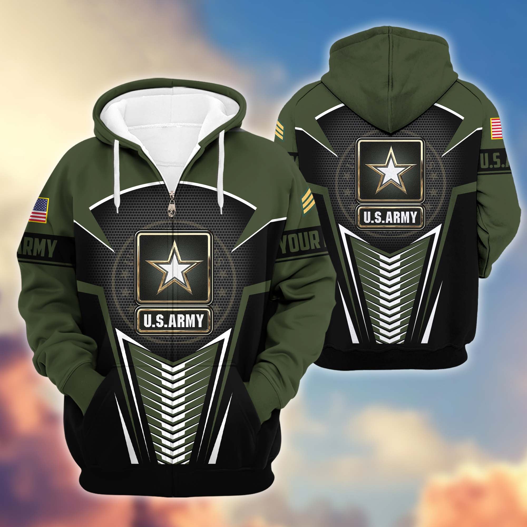 Premium US Army Zip Hoodie VPVC600801, Custom Name, Rank, Gifts For Army Veteran