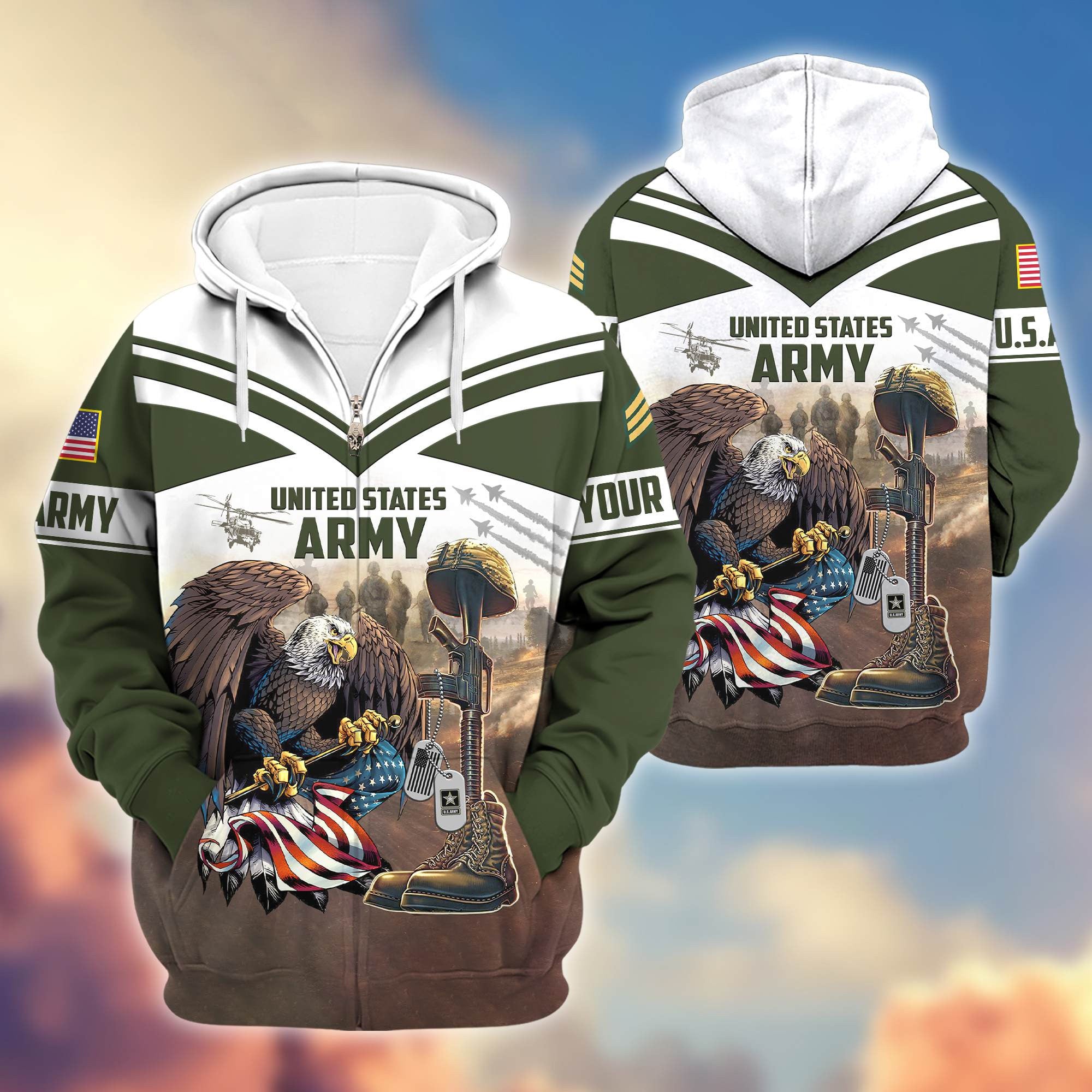 Premium US Army Zip Hoodie VPVC600601, Custom Name, Rank, Gifts For Army Veteran