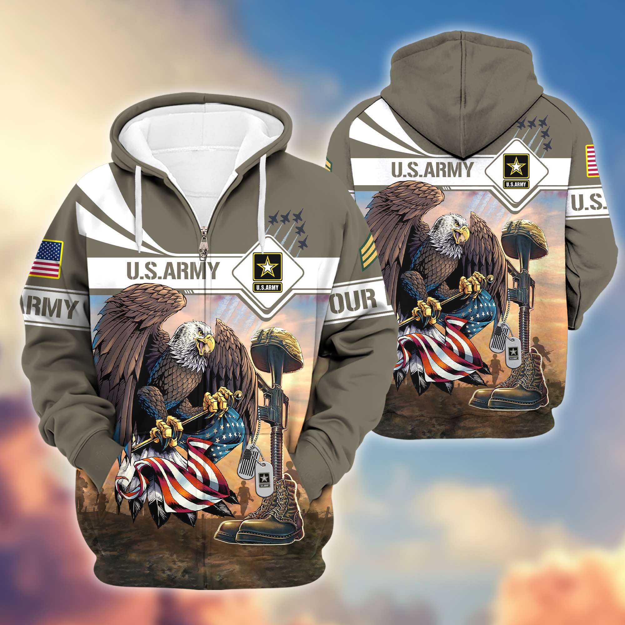 Premium US Army Zip Hoodie VPVC600501, Custom Name, Rank, Gifts For Army Veteran