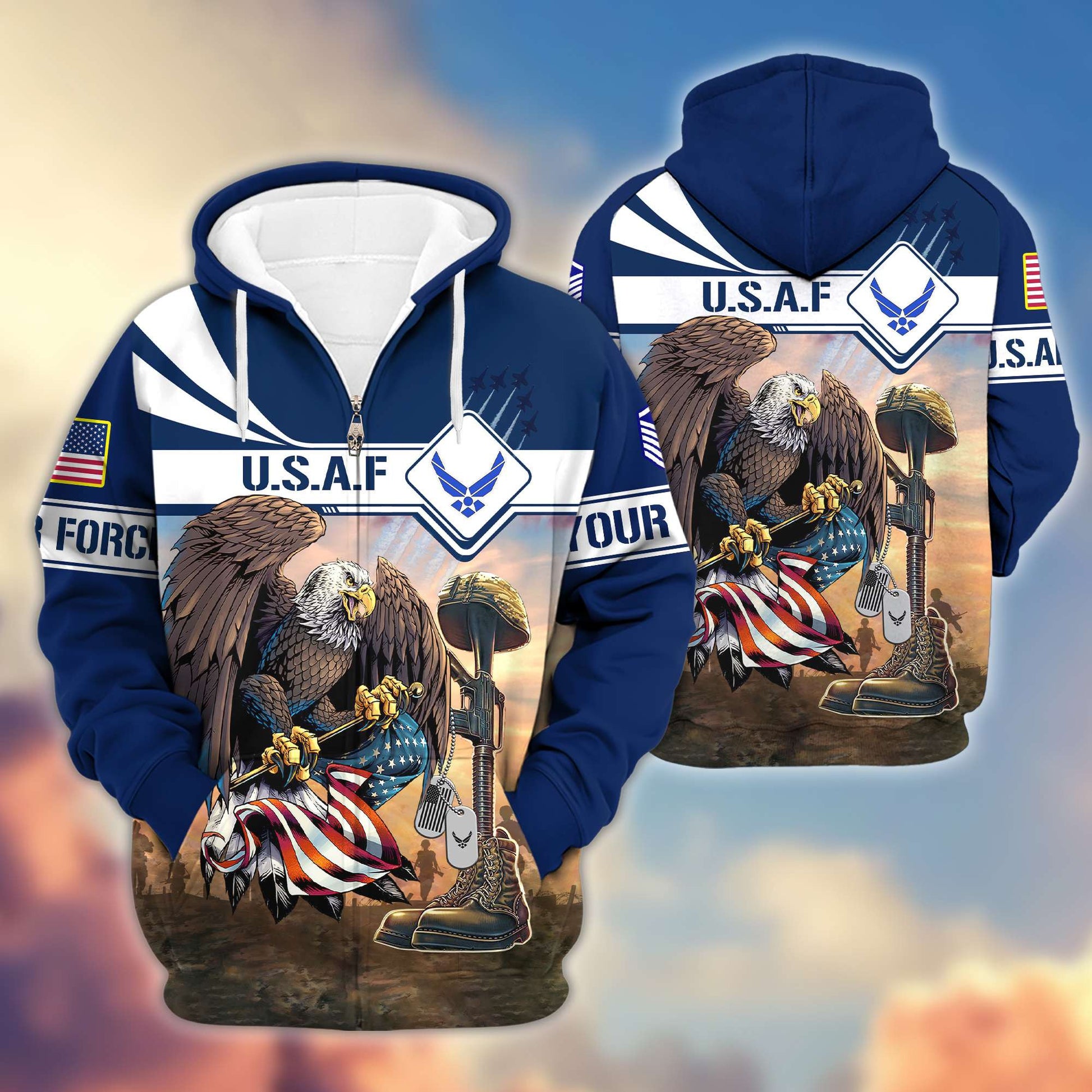 Premium USAF Zip Hoodie VPVC600504, Custom Name, Rank, Gifts For Air Force Veteran, Gifts For Veterans Day
