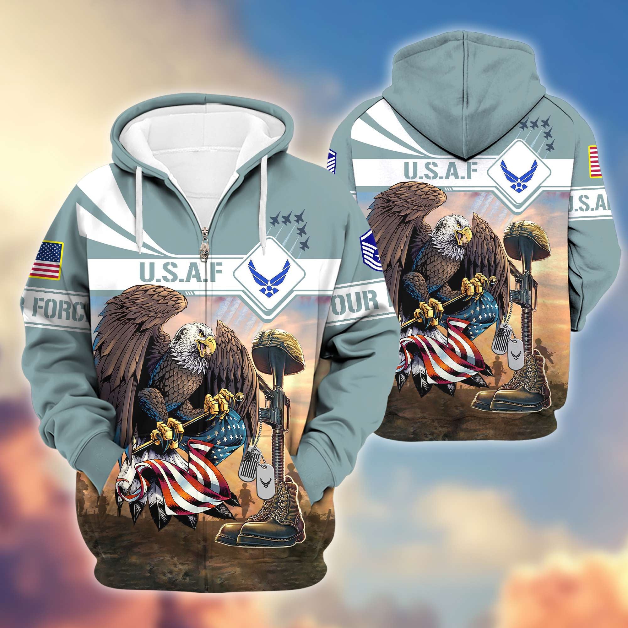 Premium USAF Zip Hoodie VPVC600504, Custom Name, Rank, Gifts For Air Force Veteran, Gifts For Veterans Day