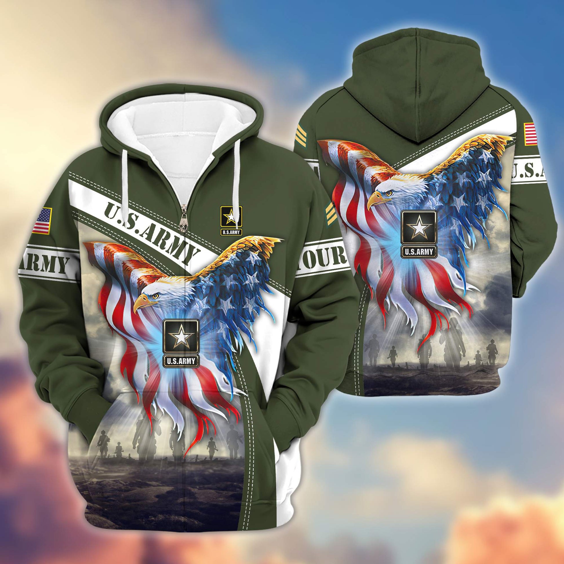 Premium US Army Zip Hoodie VPVC600101, Custom Name, Rank, Year, Gifts For Army Veteran, Gifts For Veterans Day
