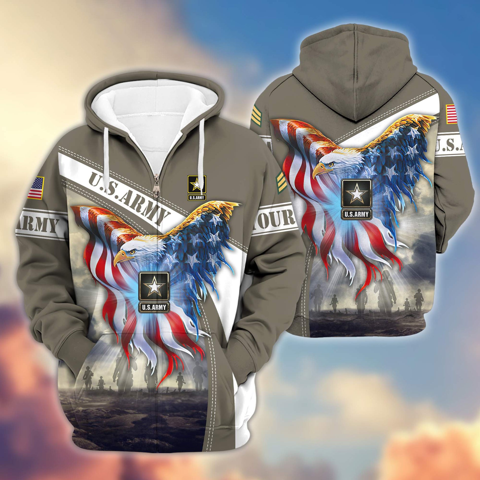 Premium US Army Zip Hoodie VPVC600101, Custom Name, Rank, Year, Gifts For Army Veteran, Gifts For Veterans Day