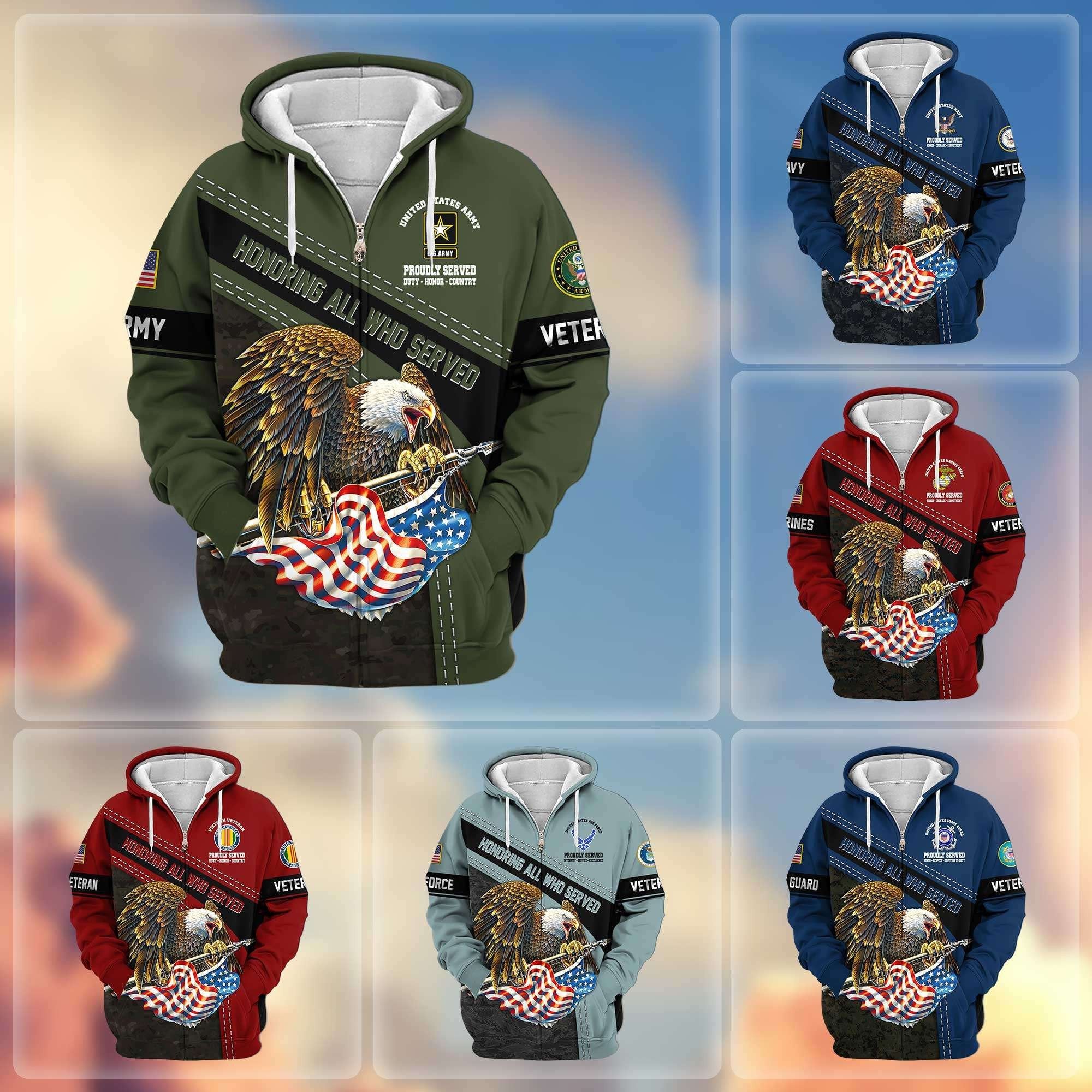 Premium Honoring All Who Served US Veterans Zip Hoodie APHN180911, Gifts For US Veterans, Gifts For Veterans Day