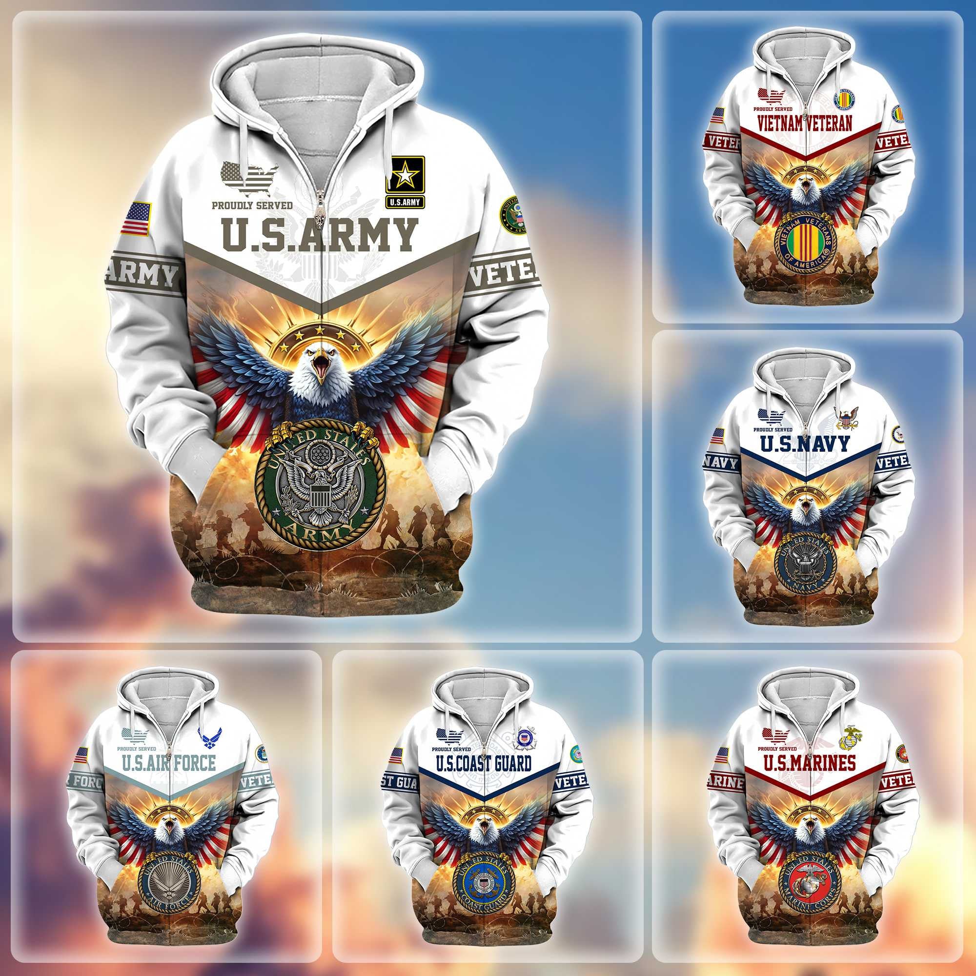 Premium Honoring All Who Served US Veterans Zip Hoodie BPVC300901, Gifts For US Veterans, Gifts For Veterans Day