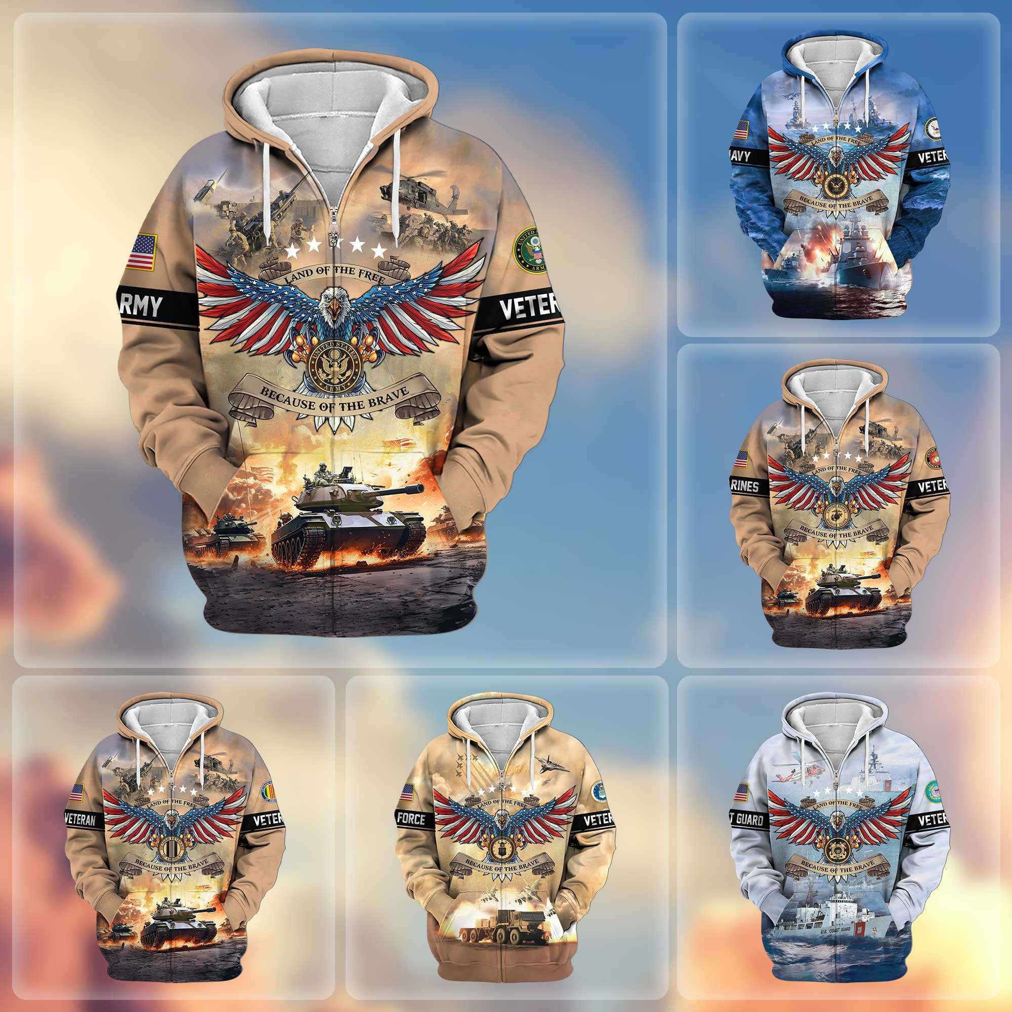 Premium Land Of The Free Because Of The Brave US Veterans Zip Hoodie APHN011013, Gifts For US Veterans, Gifts For Veterans Day