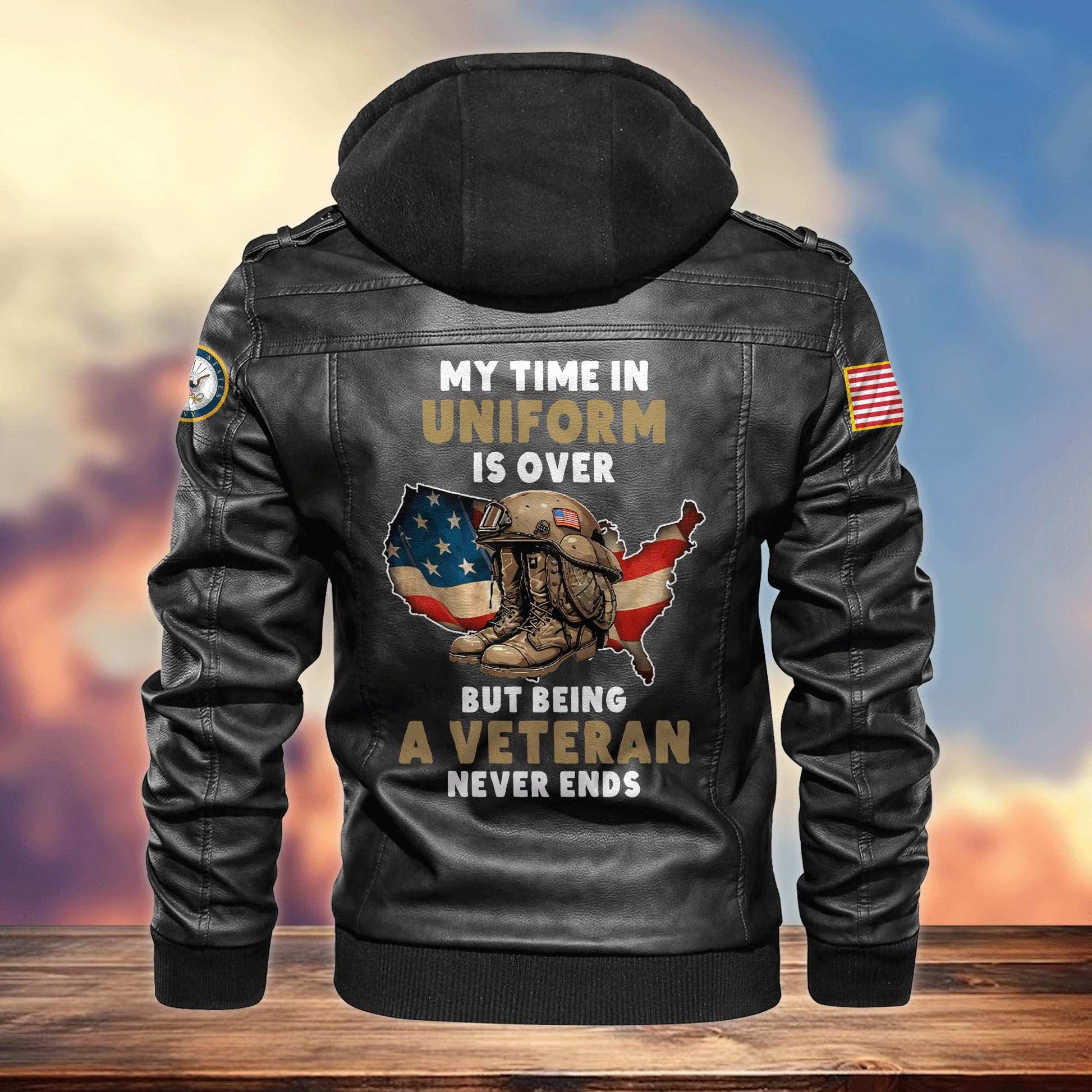 Premium My Time In Uniform Is Over But Being A Veteran Never Ends US Veterans Leather Jacket APHN031011, Gifts For US Veterans