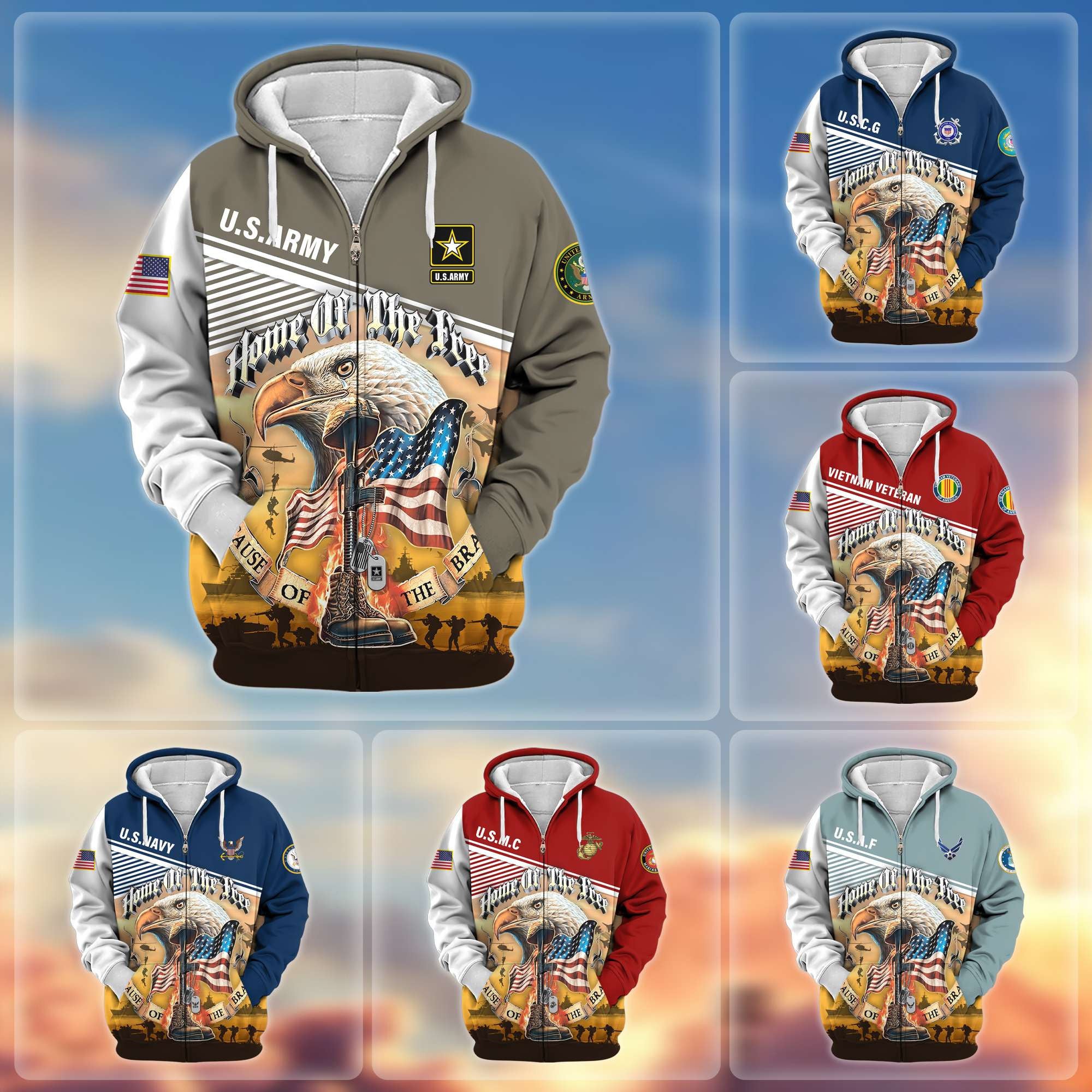 Premium US Veterans Zip Hoodie BPVC151001, Home Of The Free Because Of The Brave, Gifts For US Veterans