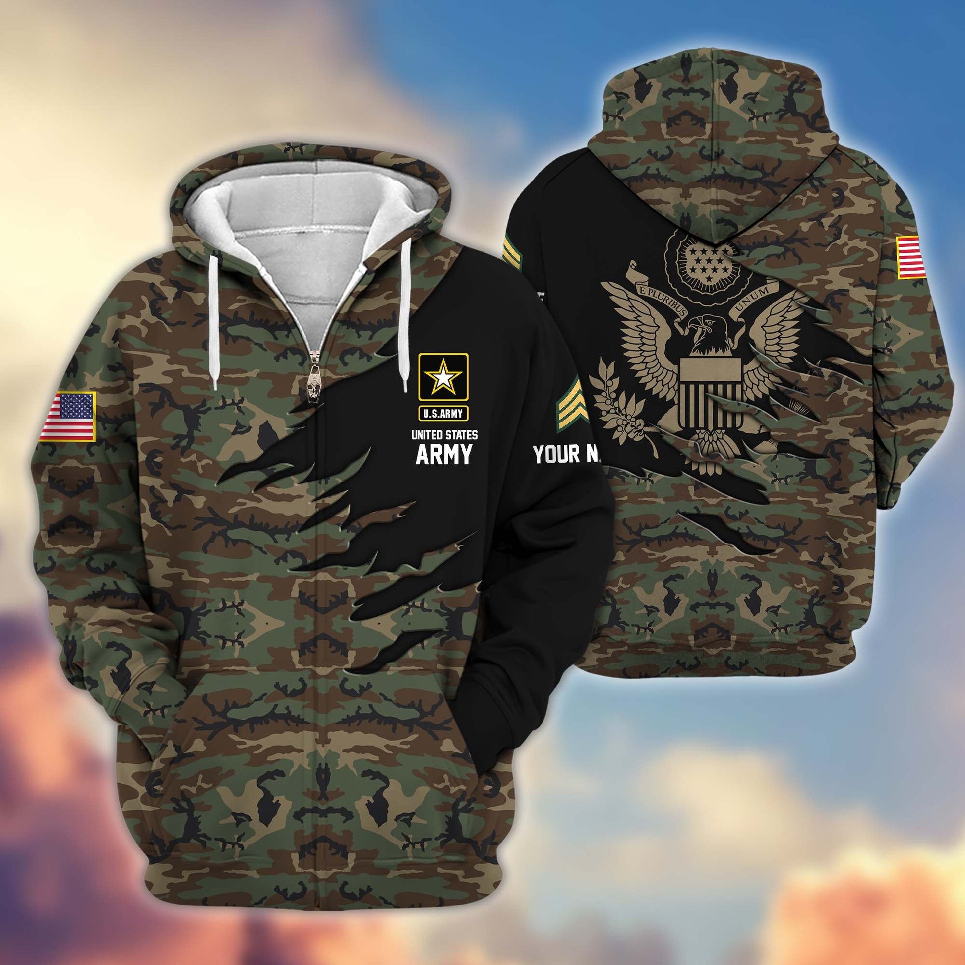 Premium Custom Name, Rank, US Army Veteran Zip Hoodie VPVC605910, Gifts For Army Veteran