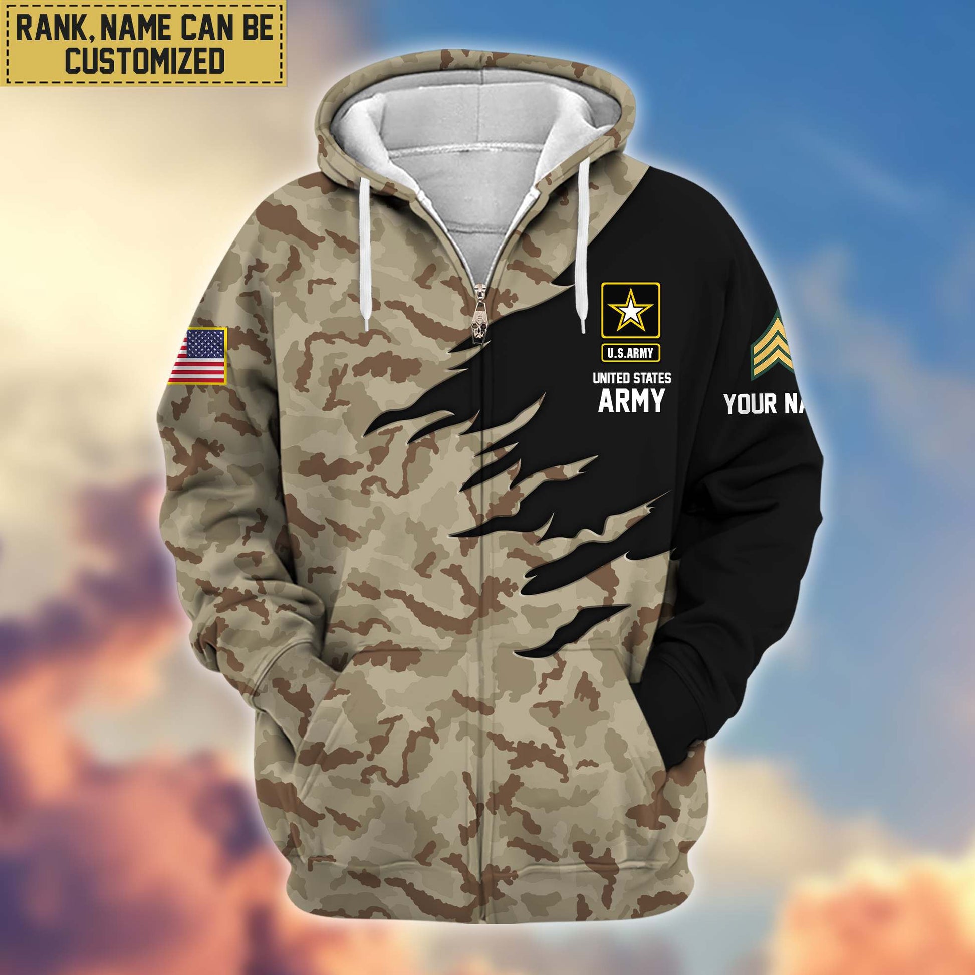 Premium Custom Name, Rank, US Army Veteran Zip Hoodie VPVC605911, Gifts For Army Veteran