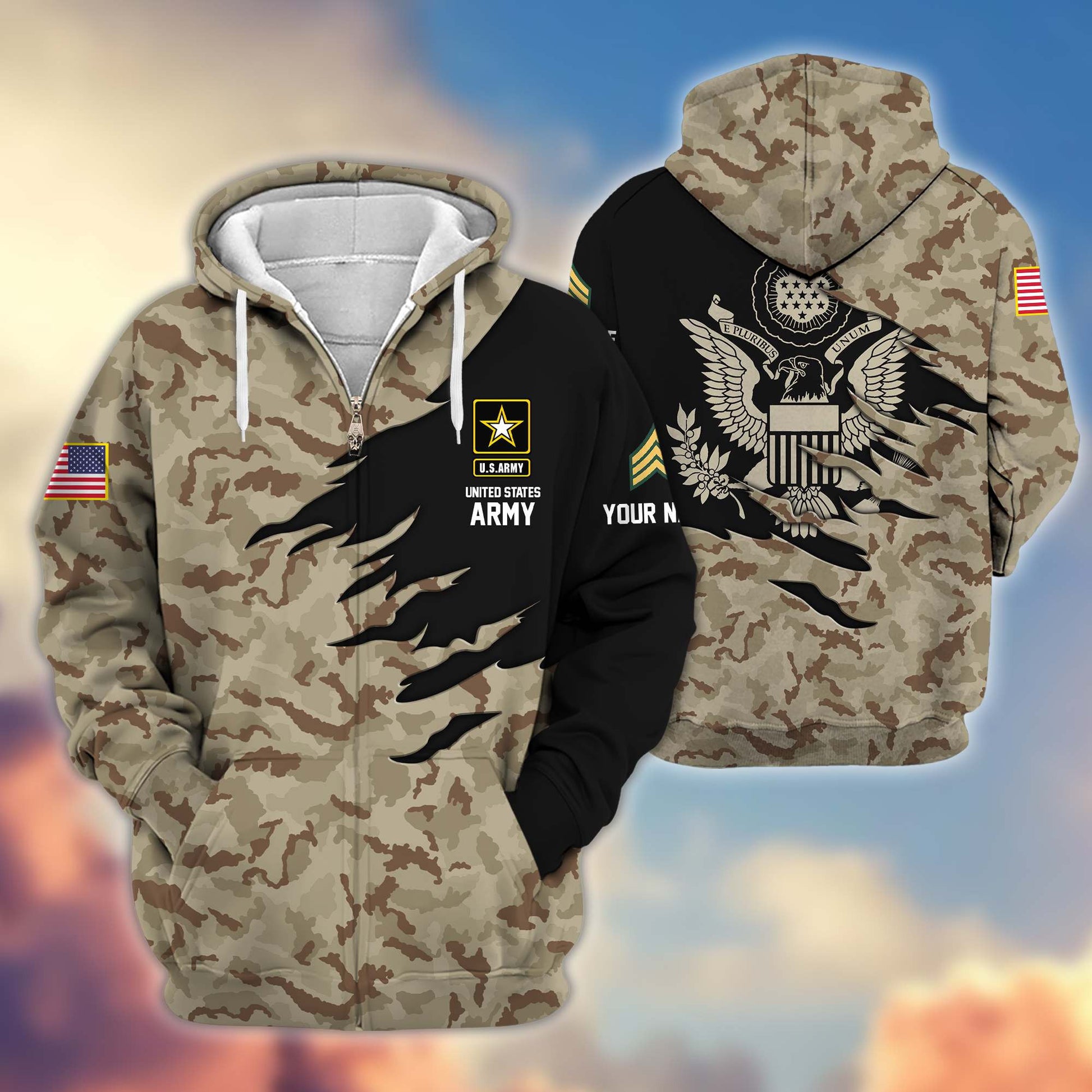 Premium Custom Name, Rank, US Army Veteran Zip Hoodie VPVC605911, Gifts For Army Veteran