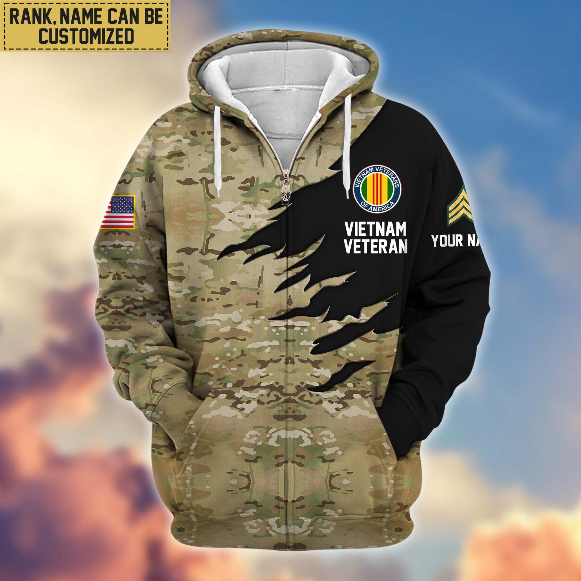 Premium Custom Name, Rank, Vietnam Veteran Zip Hoodie VPVC605906, Gifts For Vietnam Veteran