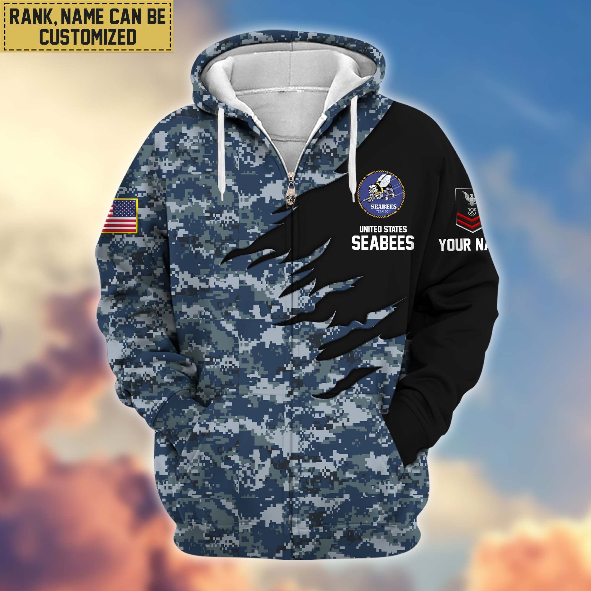 Premium Custom Name, Rank, US Seabees Veteran Zip Hoodie VPVC605909, Gifts For Seabees Veteran