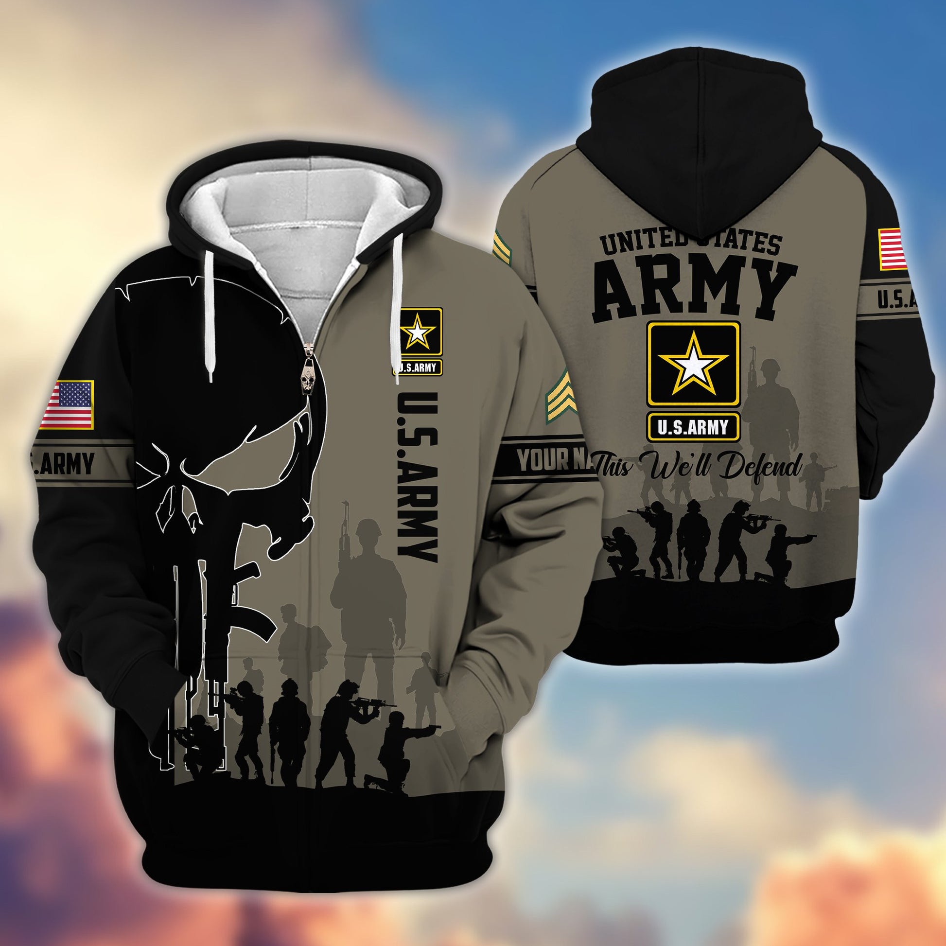 Premium Custom Name, Rank US Army Veteran Zip Hoodie VPVC606001, Gifts For Army Veteran