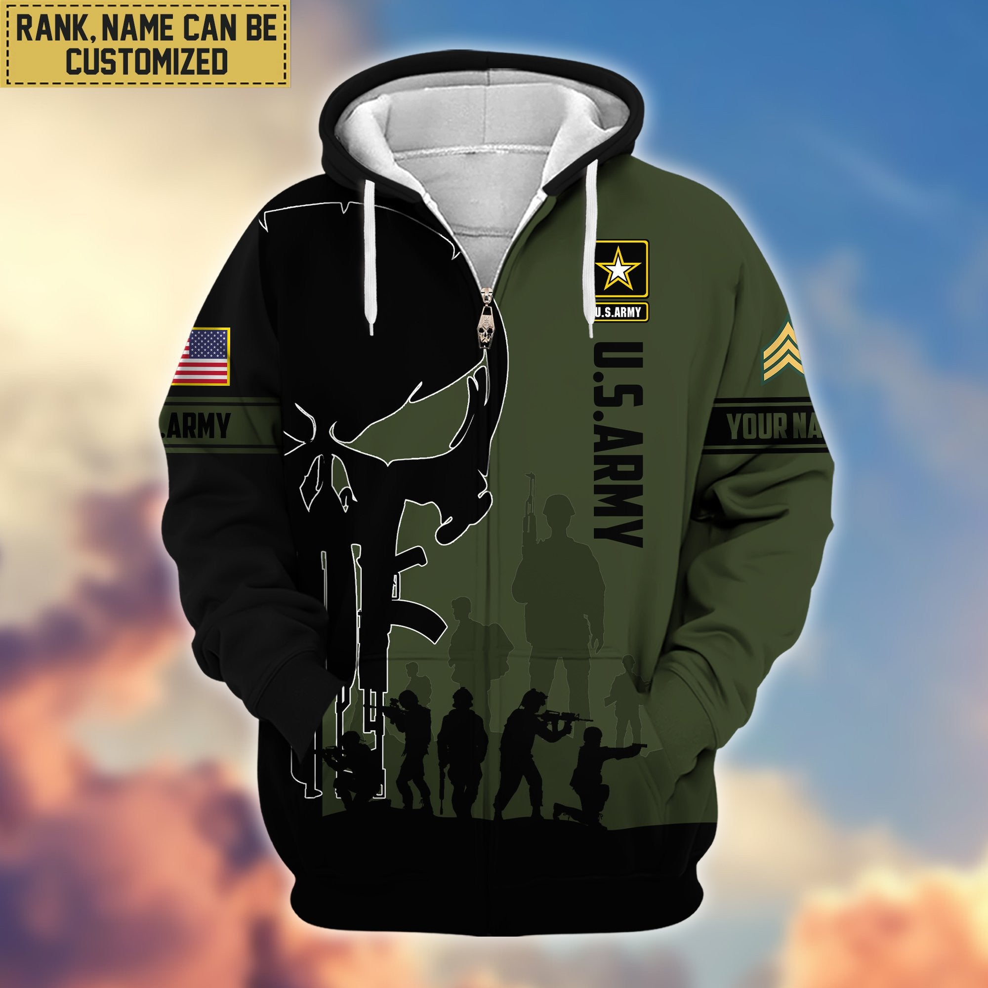Premium Custom Name, Rank US Army Veteran Zip Hoodie VPVC606010, Gifts For Army Veteran