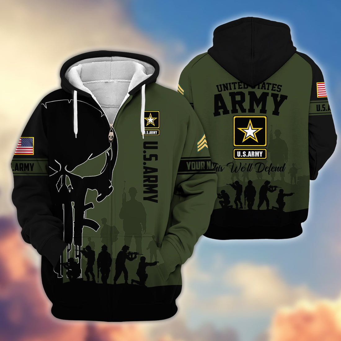 Premium Custom Name, Rank US Army Veteran Zip Hoodie VPVC606010, Gifts For Army Veteran