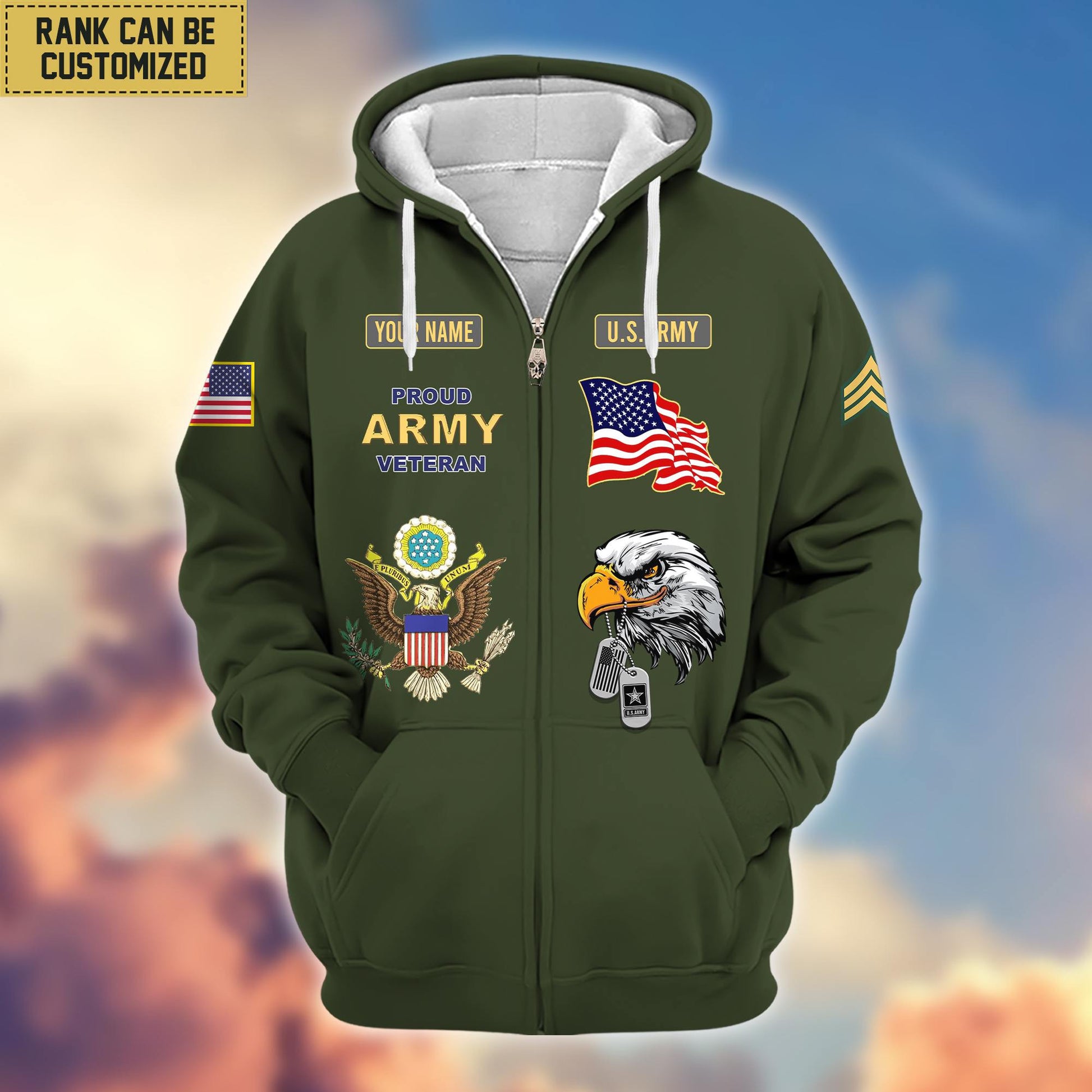 Premium Custom Name, Rank US Army Veteran Zip Hoodie VPVC606201, Gifts For Army Veteran