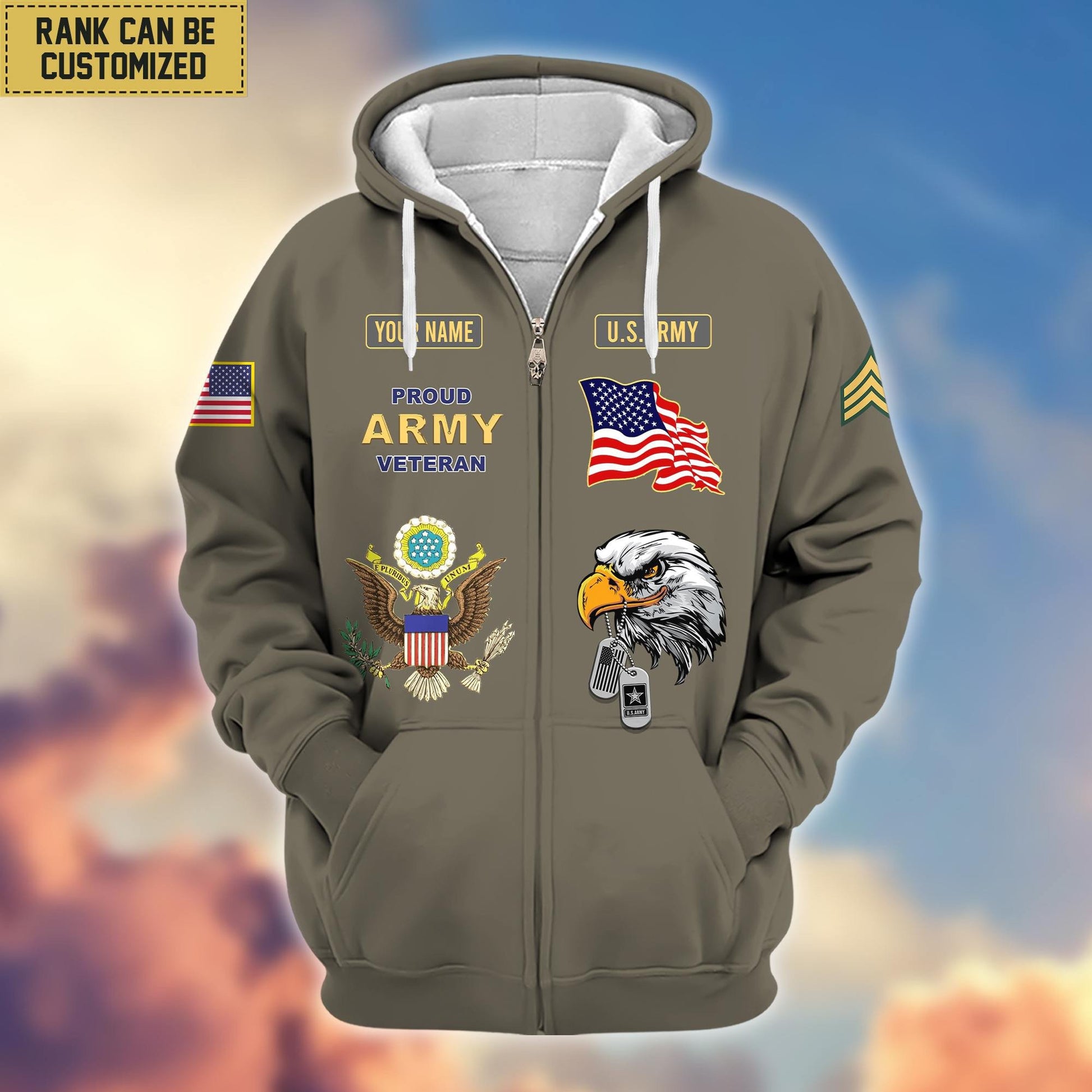 Premium Custom Name, Rank US Army Veteran Zip Hoodie VPVC606210, Gifts For Army Veteran