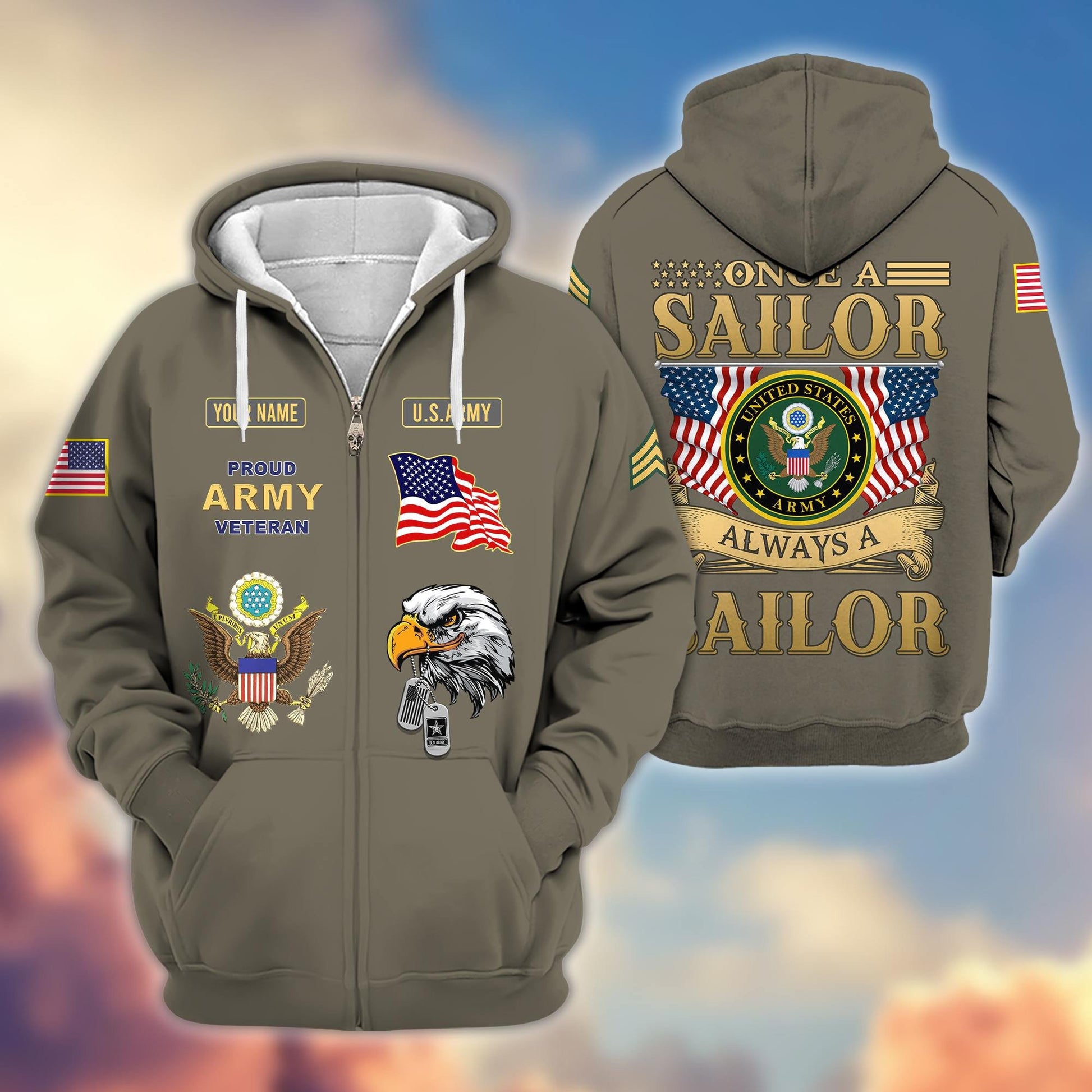 Premium Custom Name, Rank US Army Veteran Zip Hoodie VPVC606210, Gifts For Army Veteran