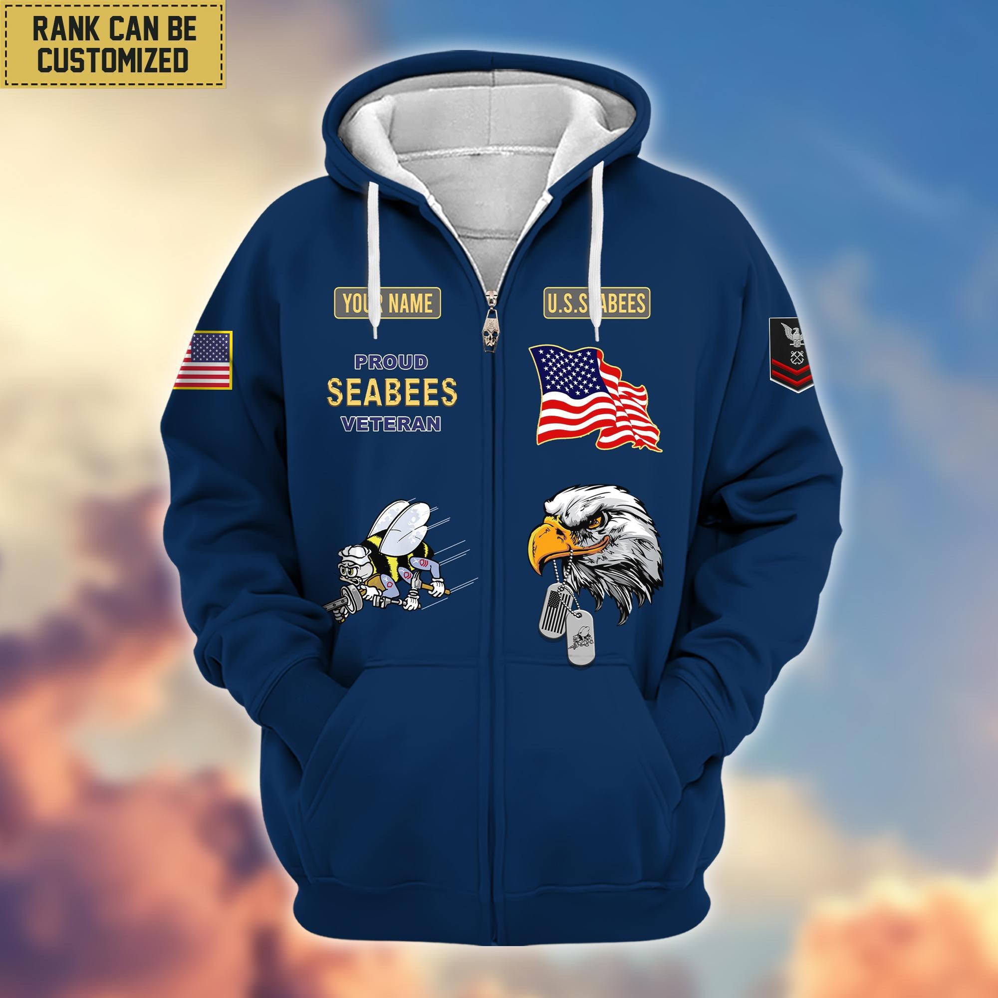 Premium Custom Name, Rank US Seabees Veteran Zip Hoodie VPVC606209, Gifts For Seabees Veteran
