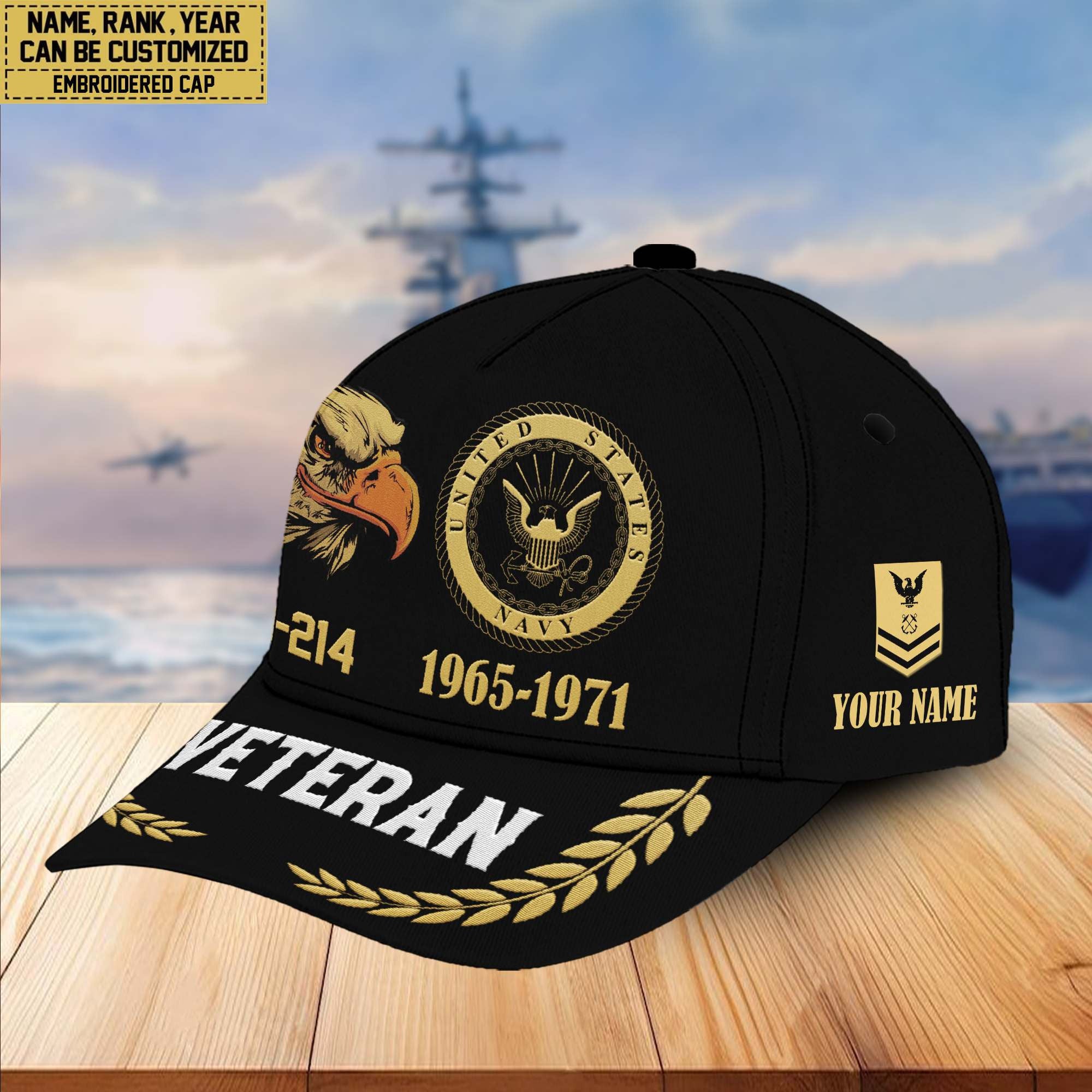 Premium Custom Name, Rank, US Navy Embroidered Cap VPVC301302, Hat for Navy Veteran, Gifts for Father's Day, Veterans Day
