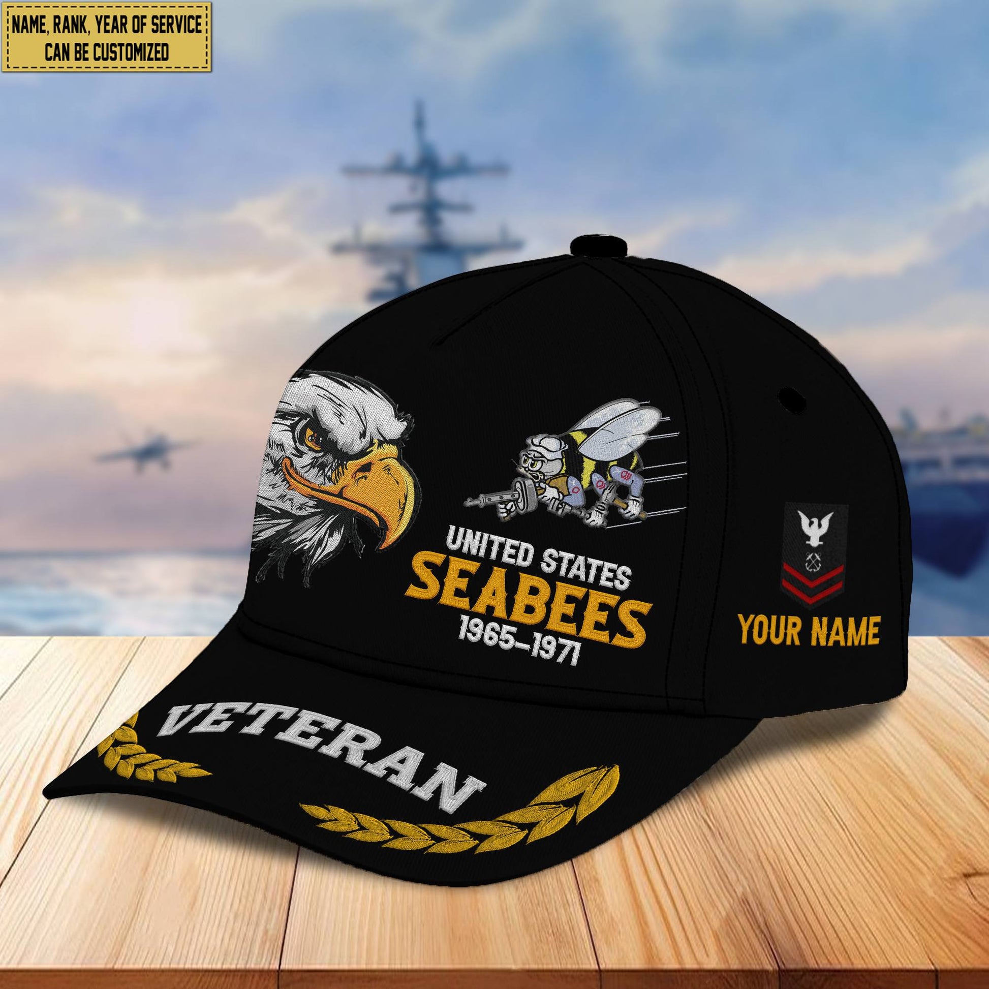 Premium Custom Name, Rank US Seabees Veteran Embroidered Cap VPVC301609, Hat for US Veteran, Gifts for Father's Day, Veterans Day
