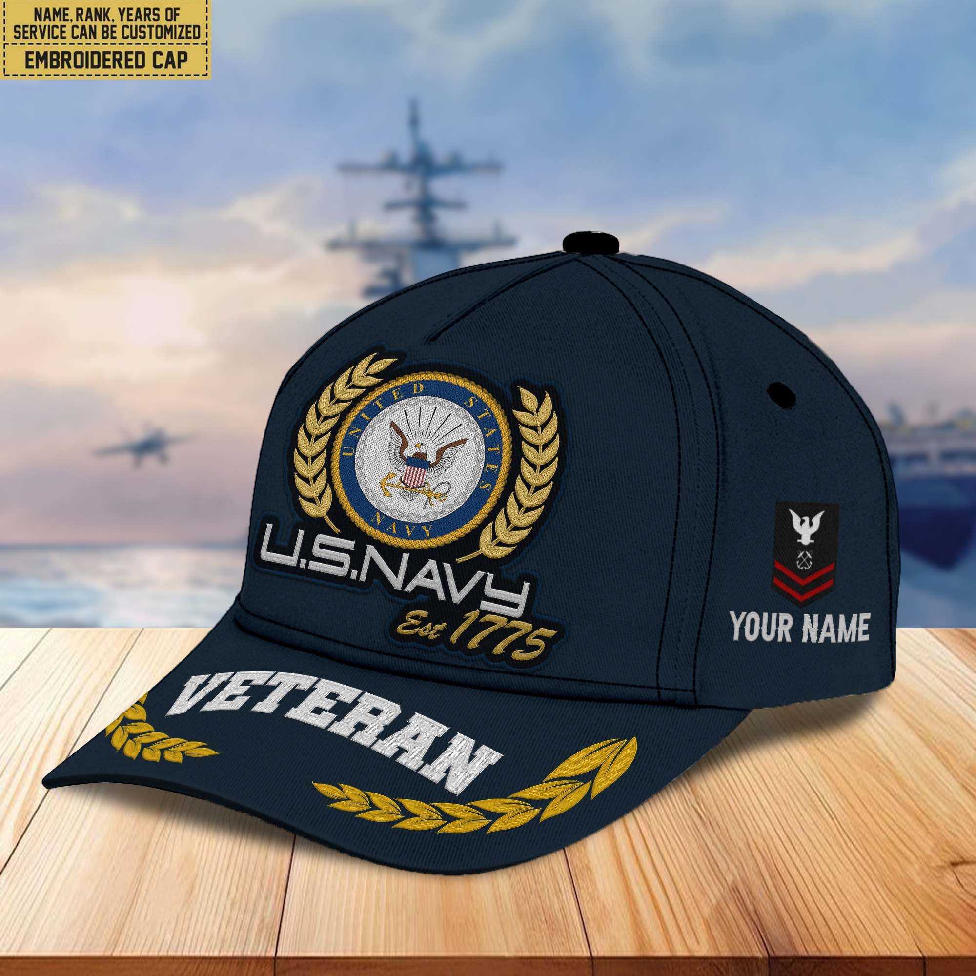 Premium Custom Name, Rank, US Navy Embroidered Cap VPVC302002, Hat for Navy Veteran, Gifts for Father's Day, Veterans Day