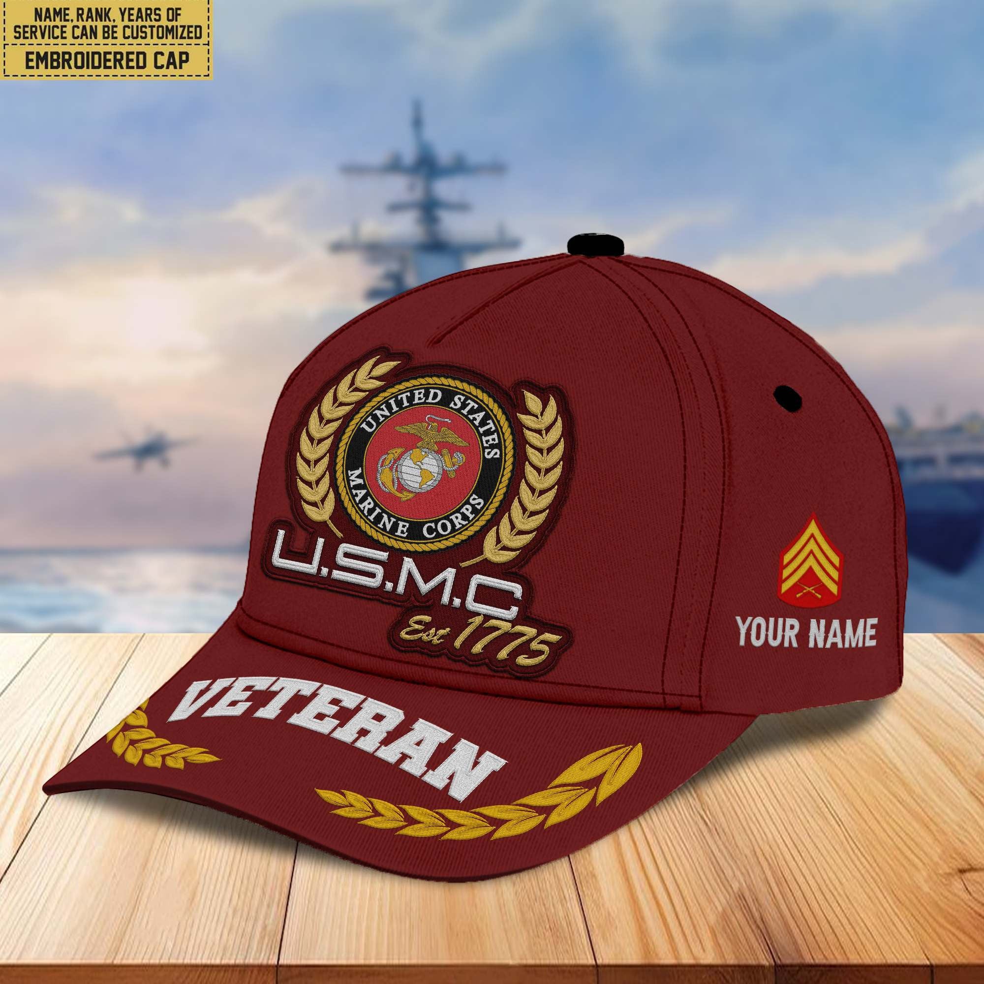 Premium Custom Name, Rank, USMC Embroidered Cap VPVC302003, Hat for Marine Veteran, Gifts for Father's Day, Veterans Day