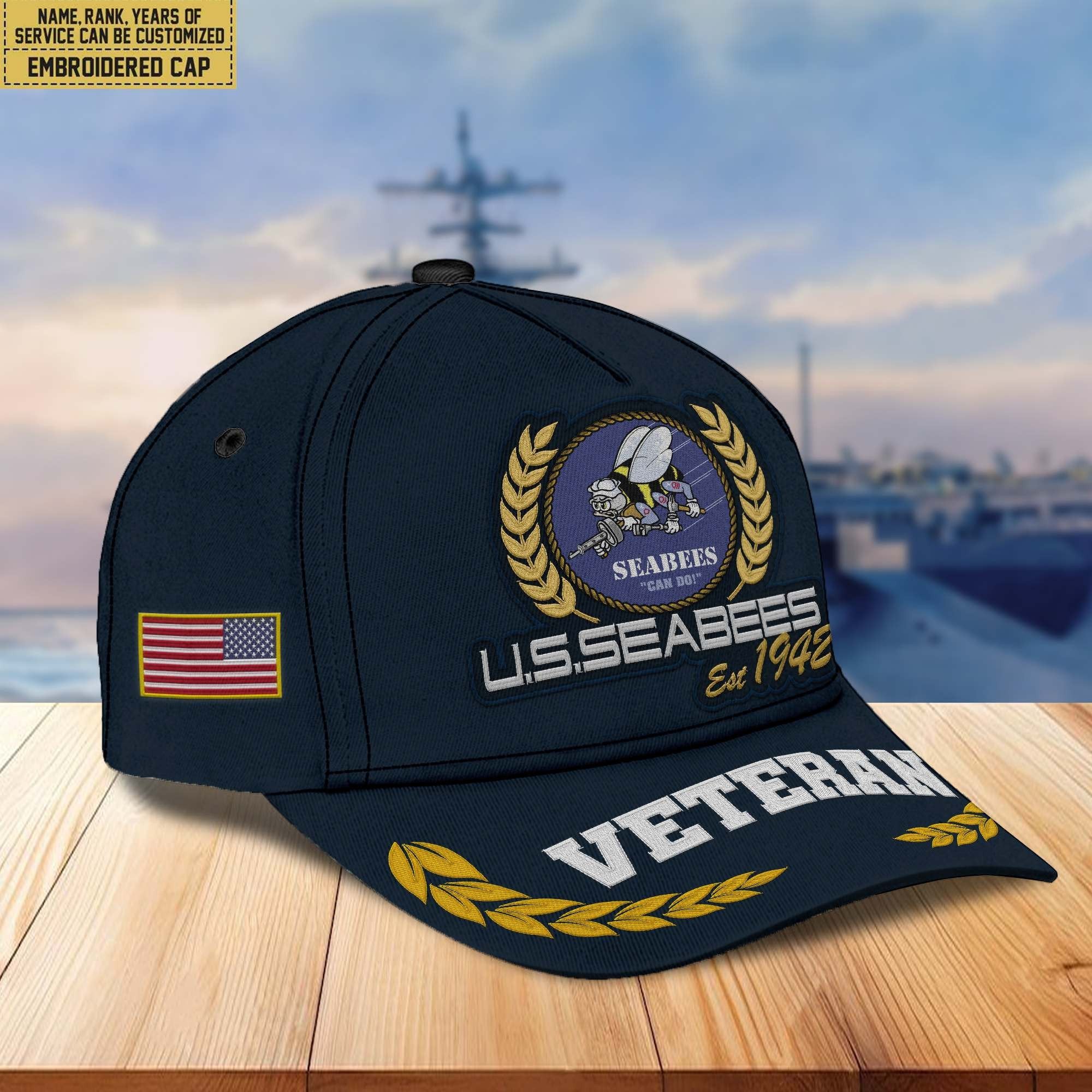 Premium Custom Name, Rank US Seabees Veteran Embroidered Cap VPVC302009, Hat for US Veteran, Gifts for Father's Day, Veterans Day