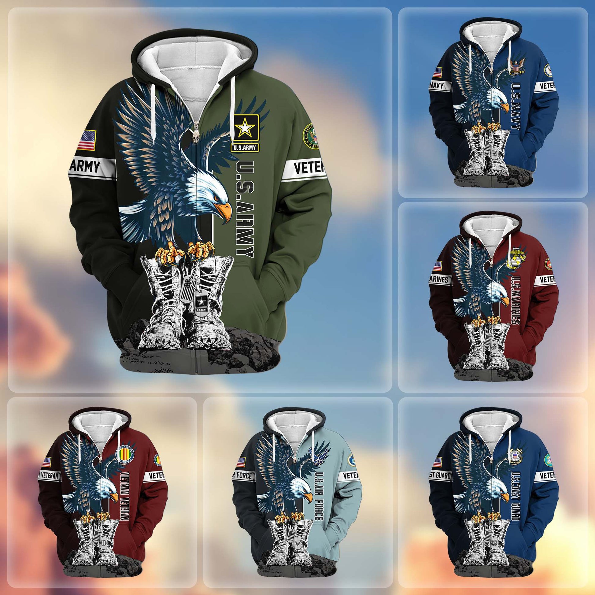 Premium US Veterans Zip Hoodie BPHN110111, Gifts For US Veterans, Gifts For Dad, Gifts On Armed Force Day, Independence Day, Veterans Day.