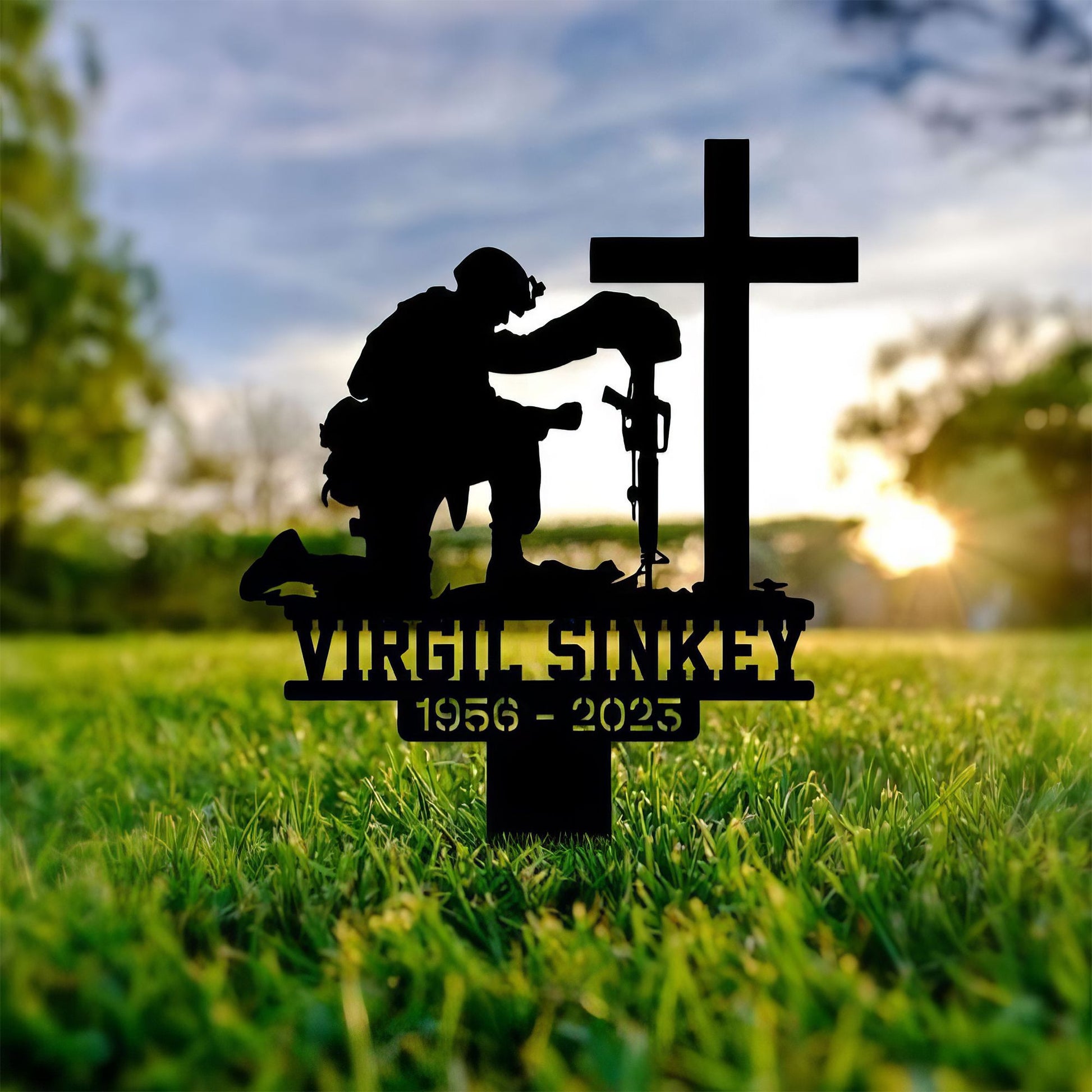 Premium Custom US Veteran Metal Signs VPVC901093, Gifts For US Veterans, Kneeling Soldier Memorial Sign Yard Army Military Veteran Stakes Grave Marker Cemetery