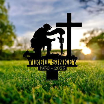 Premium Custom US Veteran Metal Signs VPVC901093, Gifts For US Veterans, Kneeling Soldier Memorial Sign Yard Army Military Veteran Stakes Grave Marker Cemetery