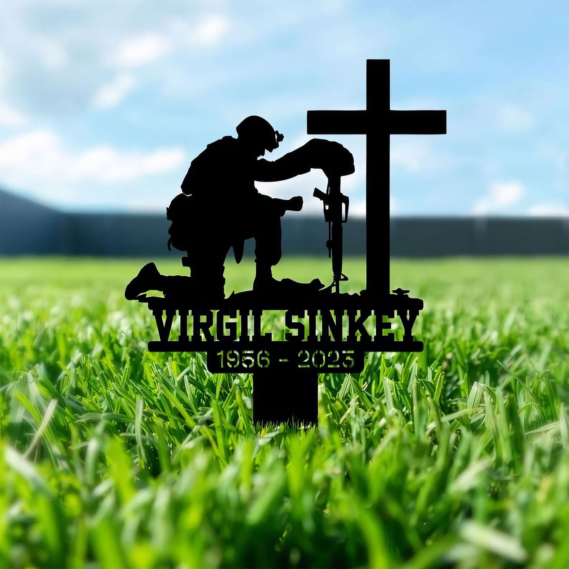 Premium Custom US Veteran Metal Signs VPVC901093, Gifts For US Veterans, Kneeling Soldier Memorial Sign Yard Army Military Veteran Stakes Grave Marker Cemetery