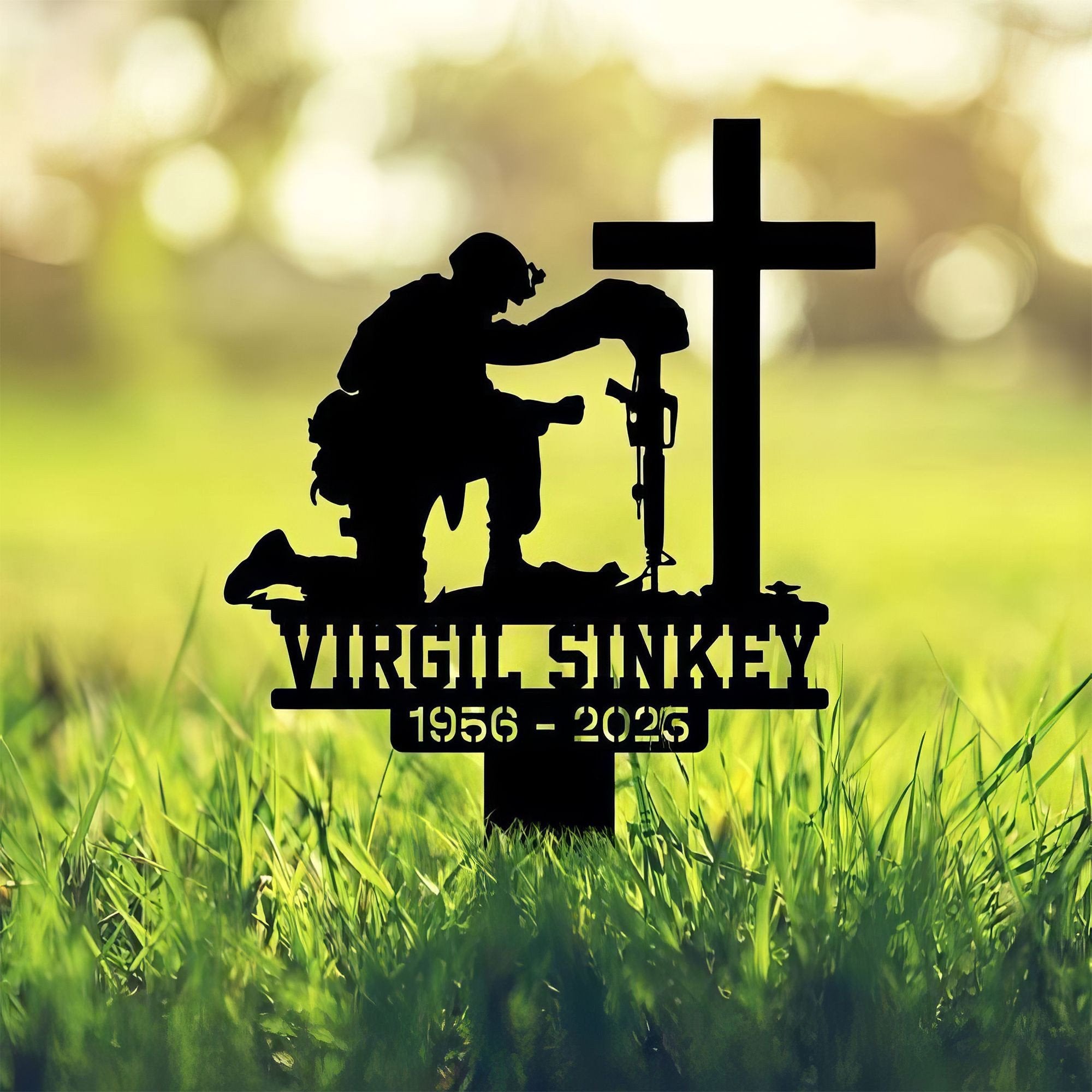 Premium Custom US Veteran Metal Signs VPVC901093, Gifts For US Veterans, Kneeling Soldier Memorial Sign Yard Army Military Veteran Stakes Grave Marker Cemetery