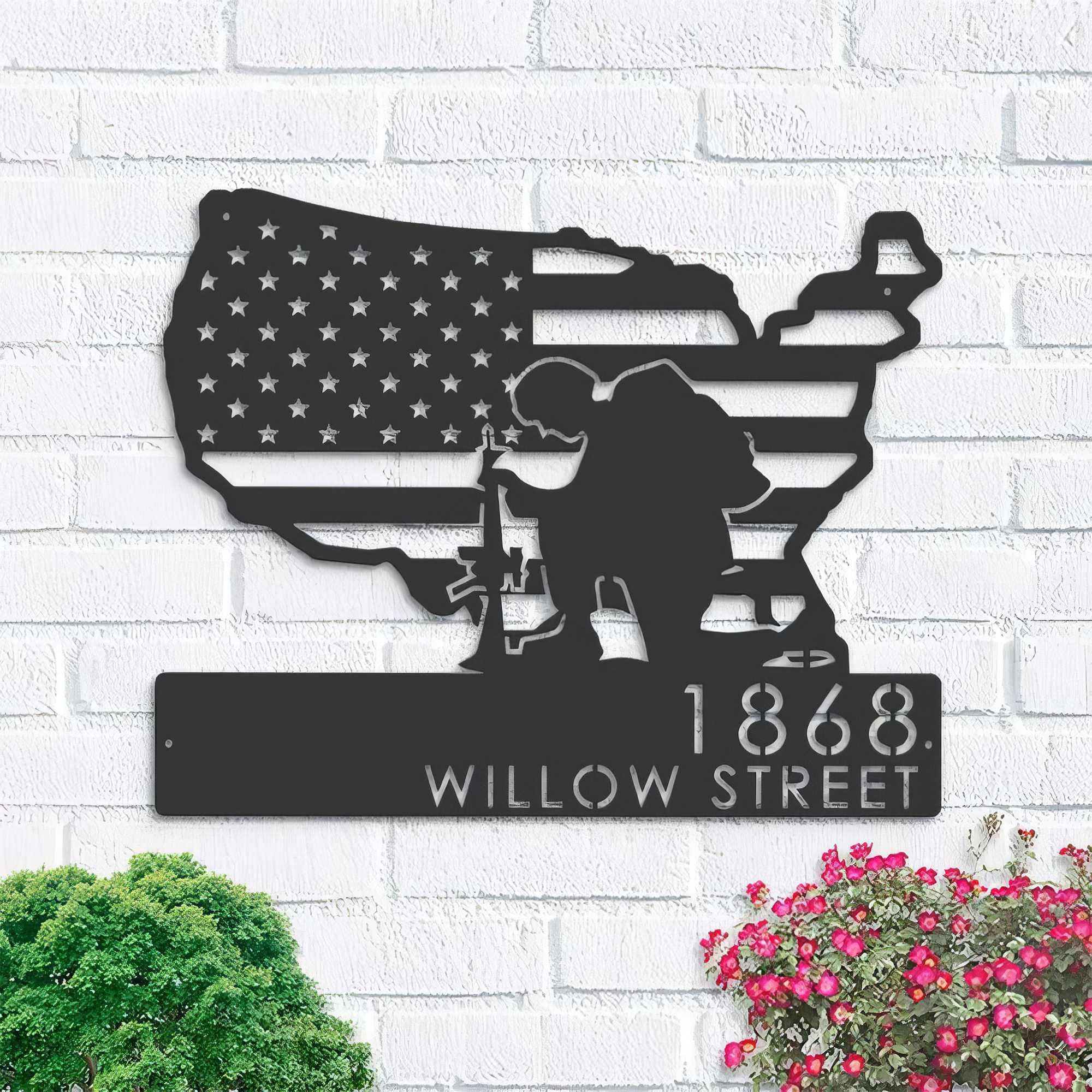 Premium Custom US Veteran Metal Signs VPVC901112, Gifts For US Veteran, Soldier American Flag Patriotic Address Sign House Number Plaque