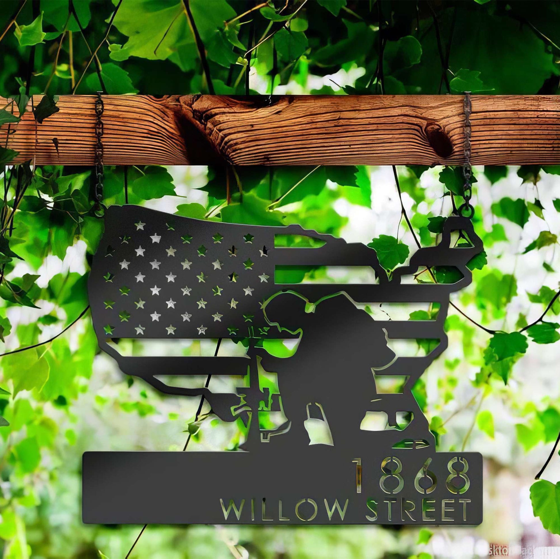 Premium Custom US Veteran Metal Signs VPVC901112, Gifts For US Veteran, Soldier American Flag Patriotic Address Sign House Number Plaque