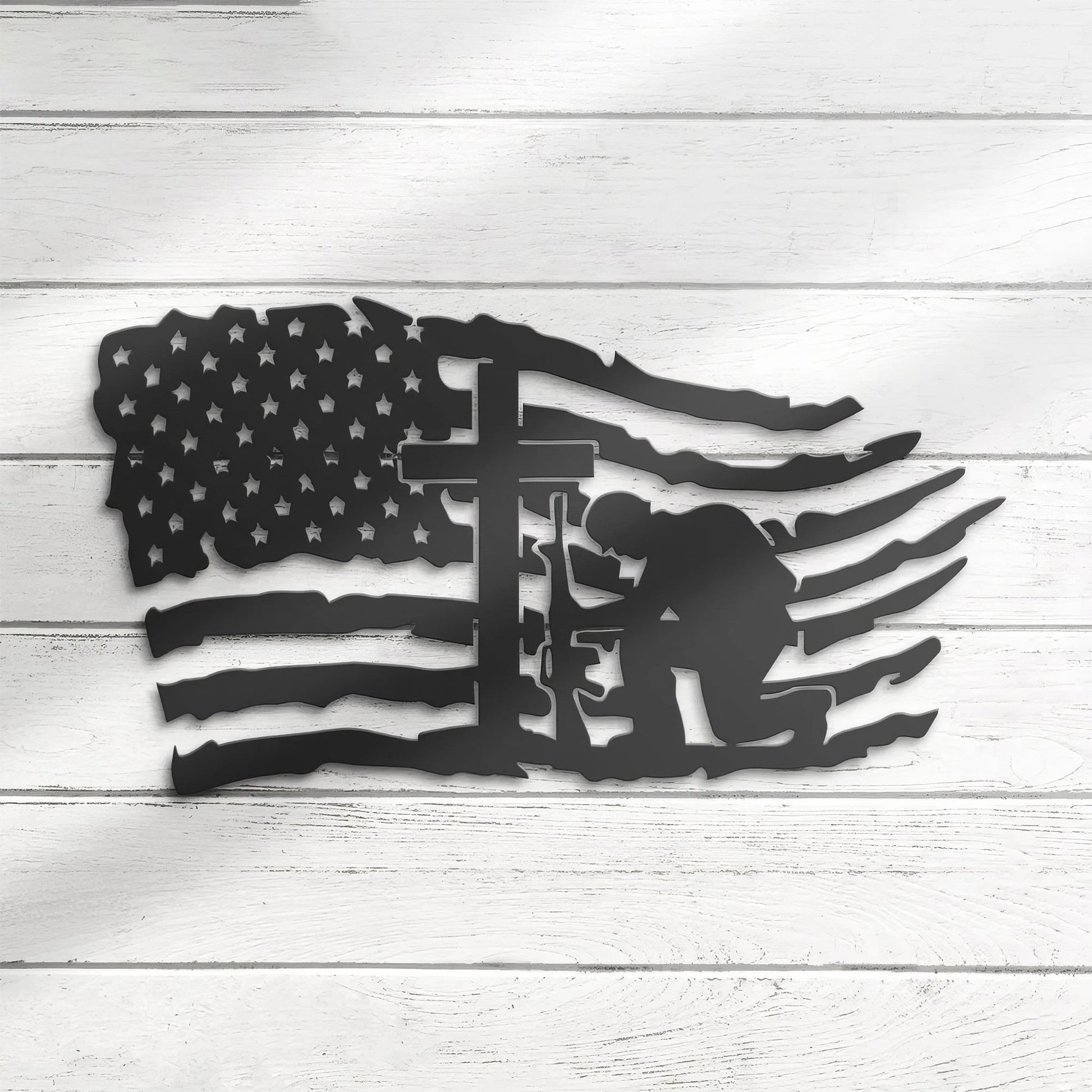 Premium US Veteran Metal Signs VPVC901165, Gifts For US Veteran, US Soldier Kneeling Praying At Memorial Cross Metal Wall Art USA Fallen Soldier Sign Veteran Patriotic Decor
