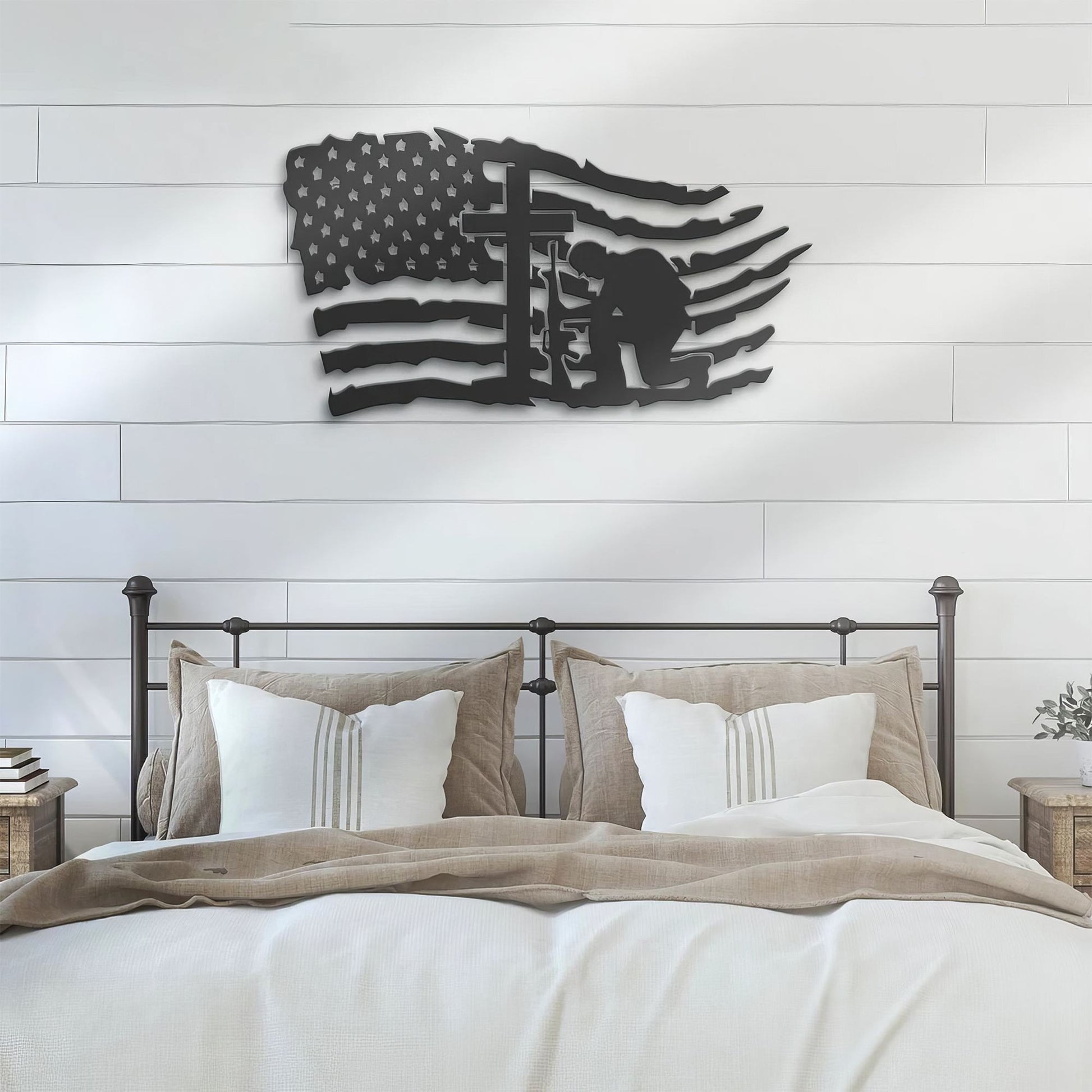 Premium US Veteran Metal Signs VPVC901165, Gifts For US Veteran, US Soldier Kneeling Praying At Memorial Cross Metal Wall Art USA Fallen Soldier Sign Veteran Patriotic Decor