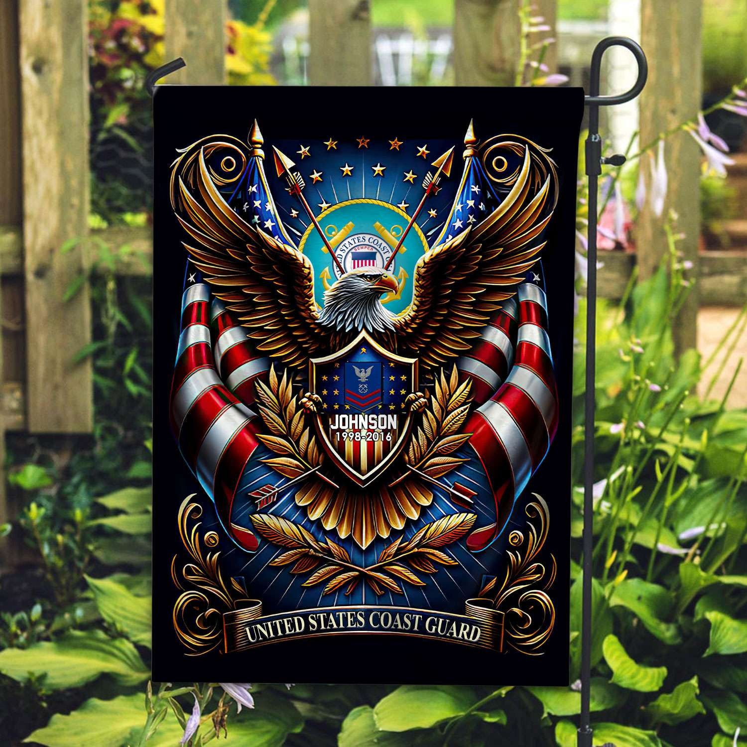 USCG Flag VPVC110405, Custom Name, Rank, Year, Gift For Coast Guard Veteran, American Flag, Patriotic Flag, Garden Flag, House Flag, Best Gifts On Father's Day, Independence Day, Veterans Day.