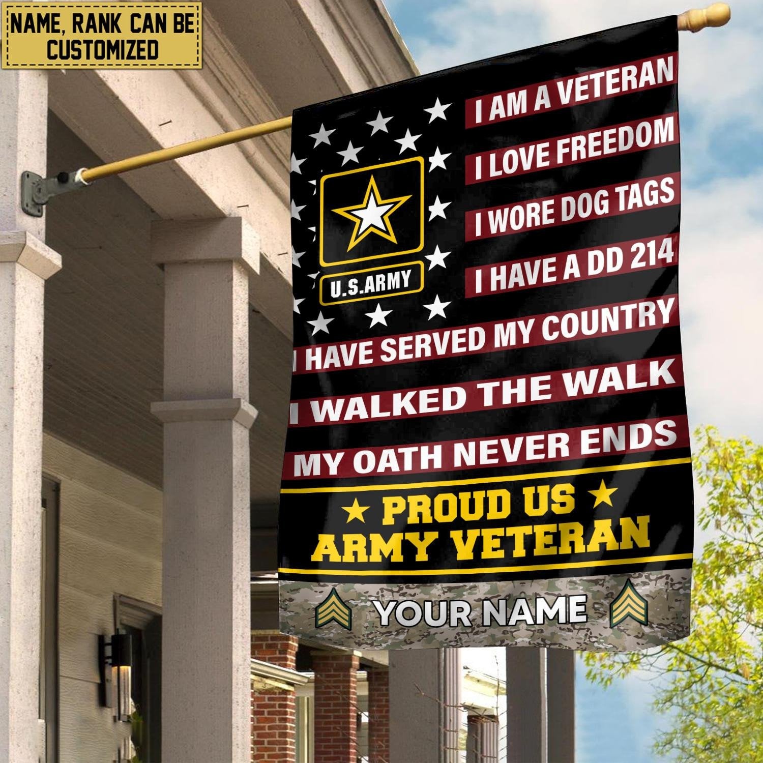US Army Veteran Flag VPVC112001, Custom Name, Rank, Gift For Army Veteran, American Flag, Patriotic Flag, Garden Flag, House Flag