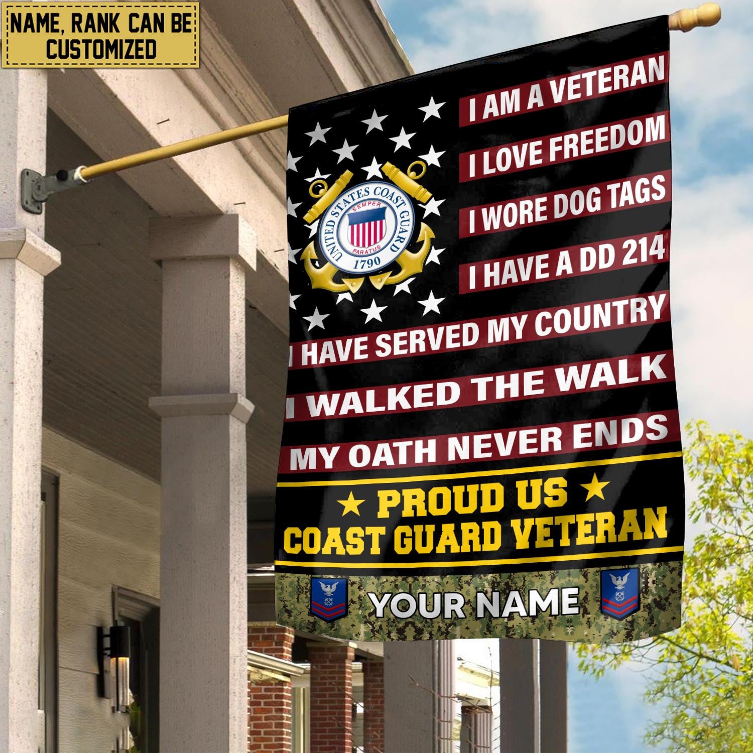 USCG Veteran Flag VPVC112005, Custom Name, Rank, Gift For Coast Guard Veteran, American Flag, Patriotic Flag, Garden Flag, House Flag
