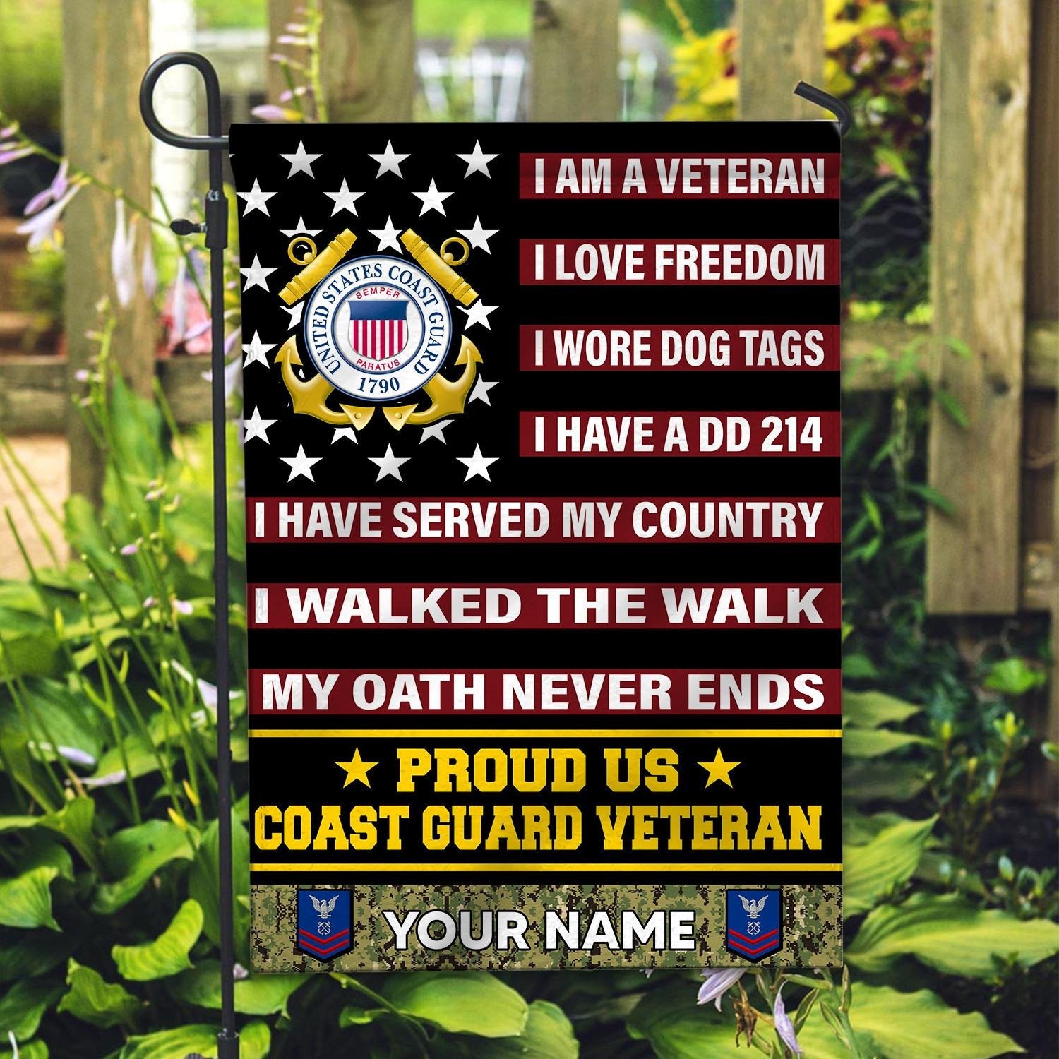 USCG Veteran Flag VPVC112005, Custom Name, Rank, Gift For Coast Guard Veteran, American Flag, Patriotic Flag, Garden Flag, House Flag