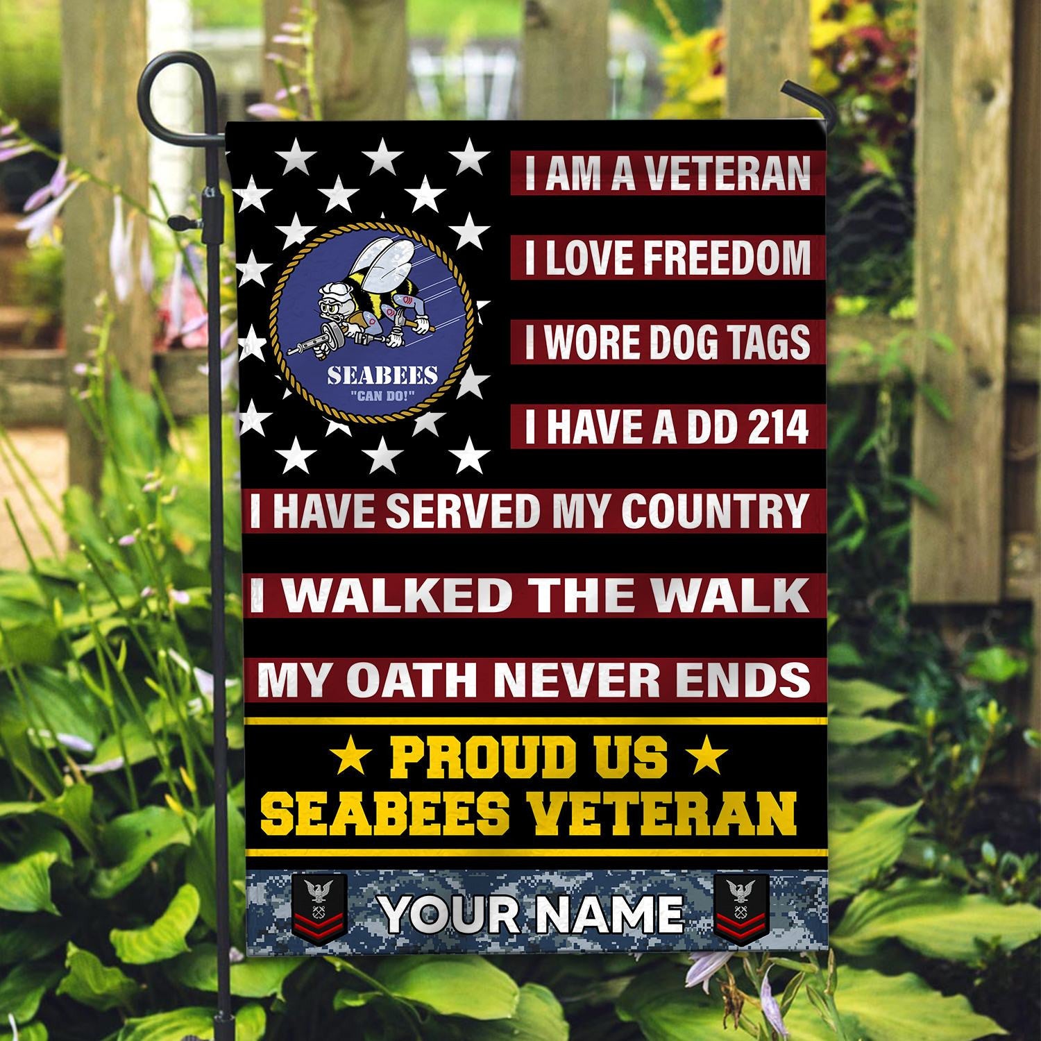 US Seabees Veteran Flag VPVC112009, Custom Name, Rank, Gift For Seabees Veteran, American Flag, Patriotic Flag, Garden Flag, House Flag