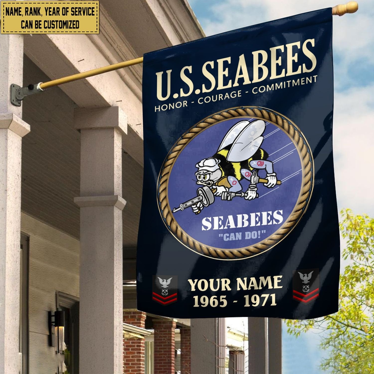 US Seabees Veteran Flag VPVC112209, Custom Name, Rank, Year, Gift For Seabees Veteran, American Flag, Patriotic Flag, Garden Flag, House Flag