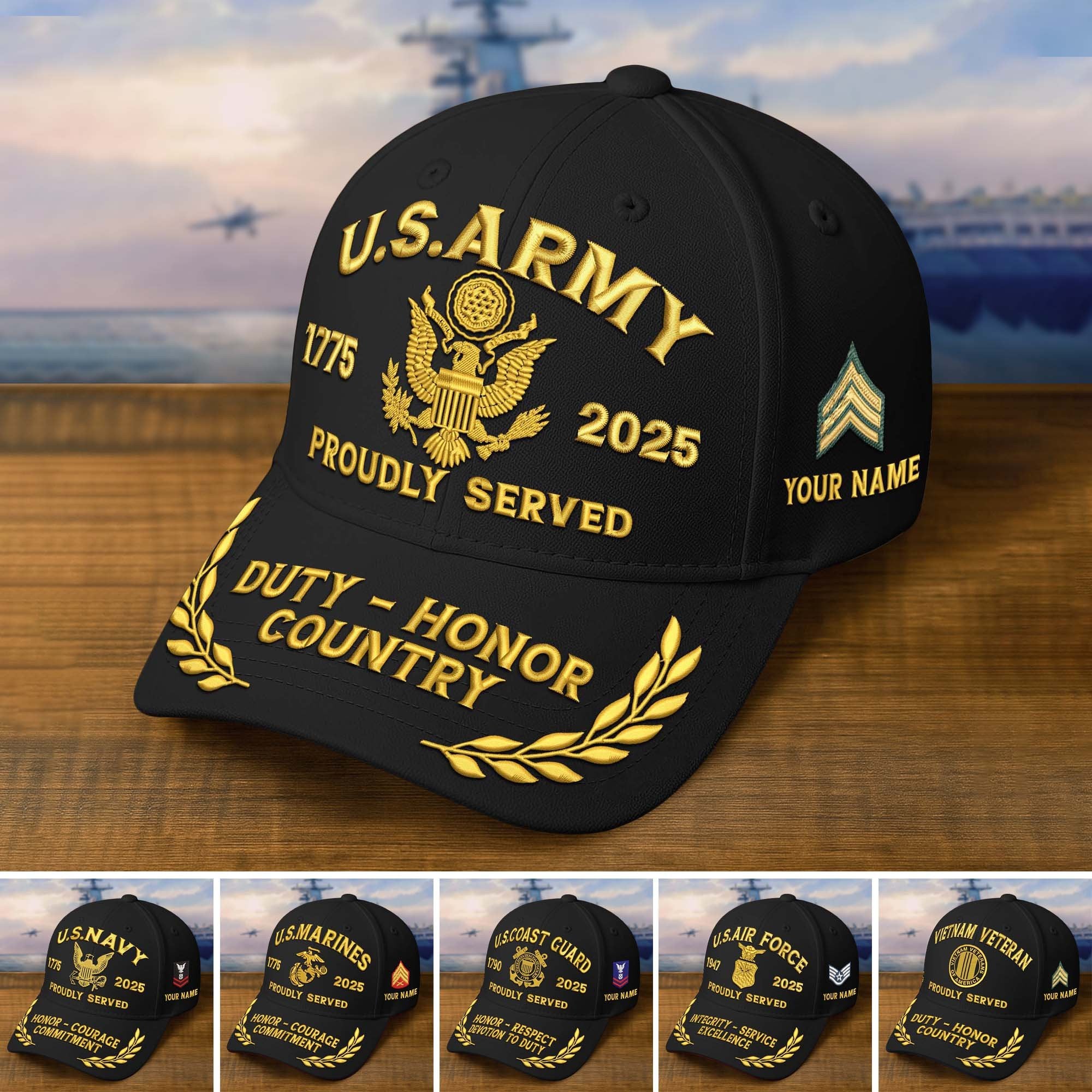 Premium Custom Name, Rank, Embroidered US Veterans Hats CPVC090704, 250th Anniversary, Gift For US Veterans, Gifts On Veterans Day.