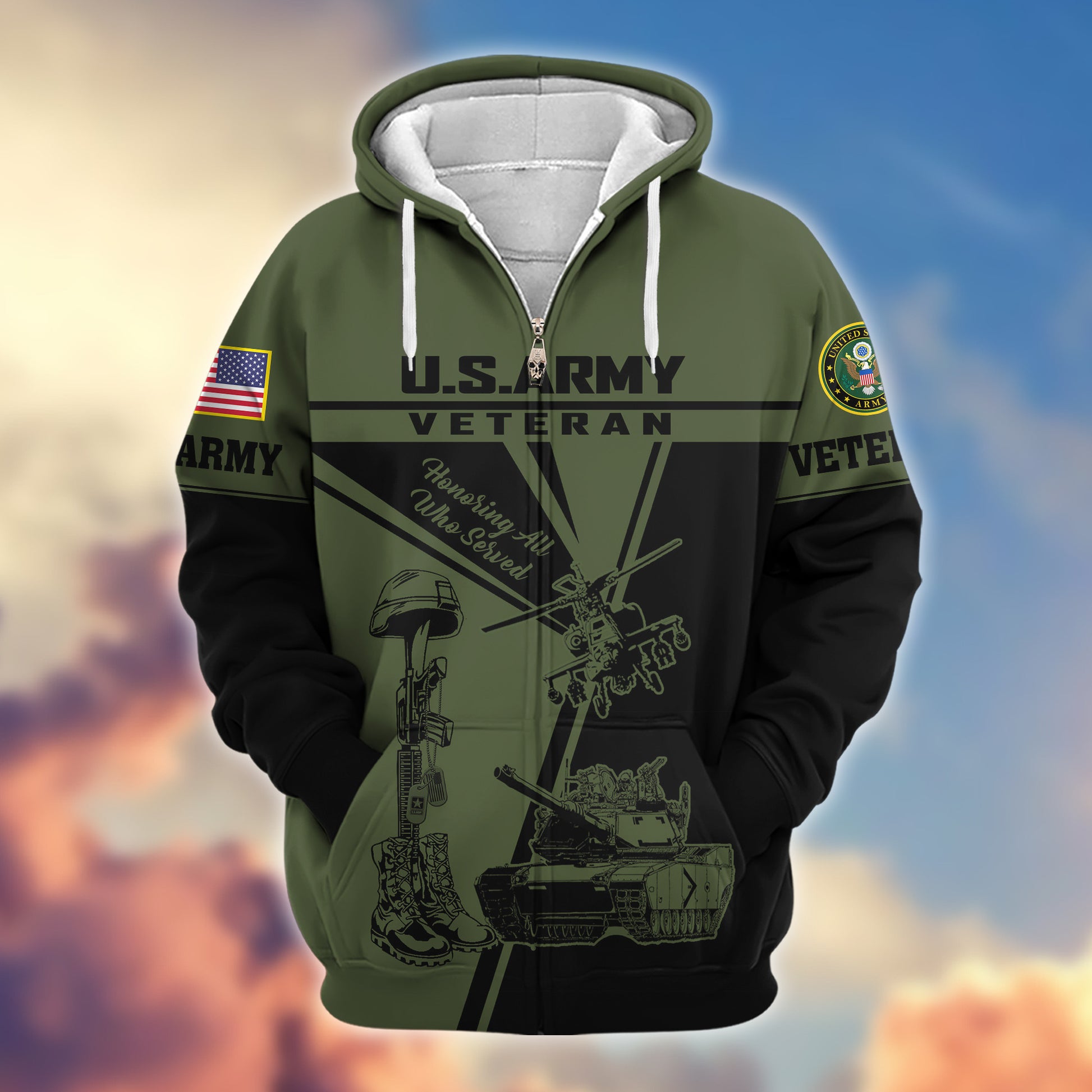 Premium US Army Zip Hoodie VPVC608201, Gifts For Army Veteran, Gifts On Father's Day, Veterans Day.