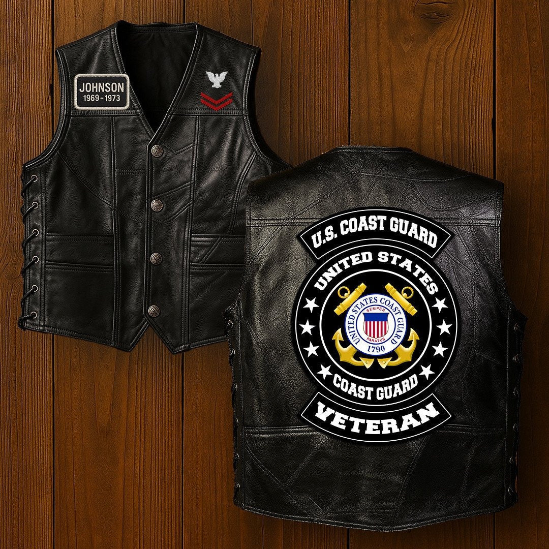 Premium USCG Veterans Custom Leather Motor Vest VPVC702105, Gifts For Coast Guard Veteran, Gifts On Father's Day, Veterans Day.