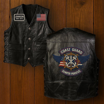 Premium USCG Veterans Custom Leather Motor Vest VPVC702110, Gifts For Coast Guard Veteran, Gifts On Father's Day, Veterans Day.