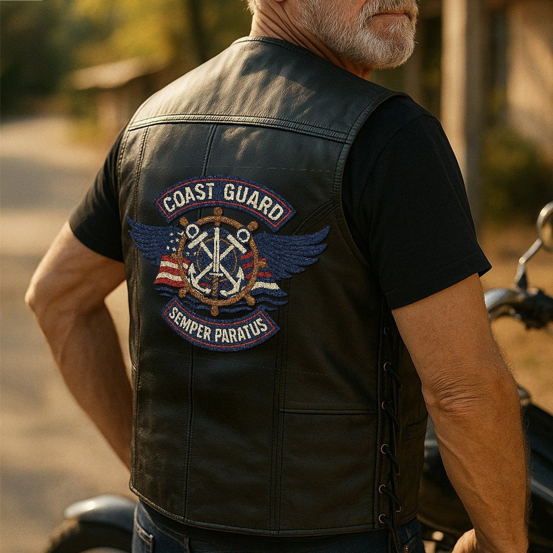 Premium USCG Veterans Custom Leather Motor Vest VPVC702110, Gifts For Coast Guard Veteran, Gifts On Father's Day, Veterans Day.