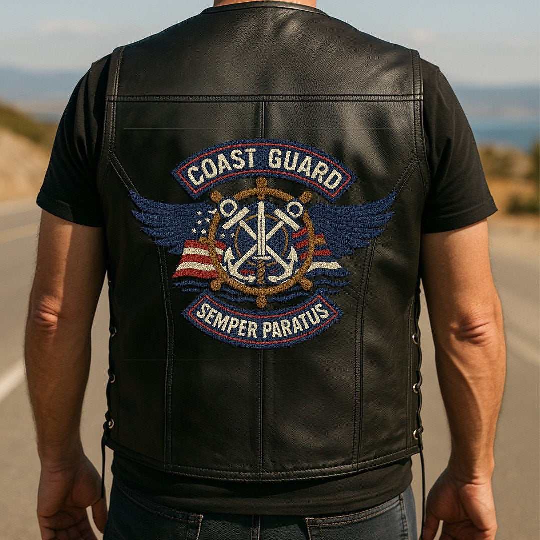 Premium USCG Veterans Custom Leather Motor Vest VPVC702110, Gifts For Coast Guard Veteran, Gifts On Father's Day, Veterans Day.
